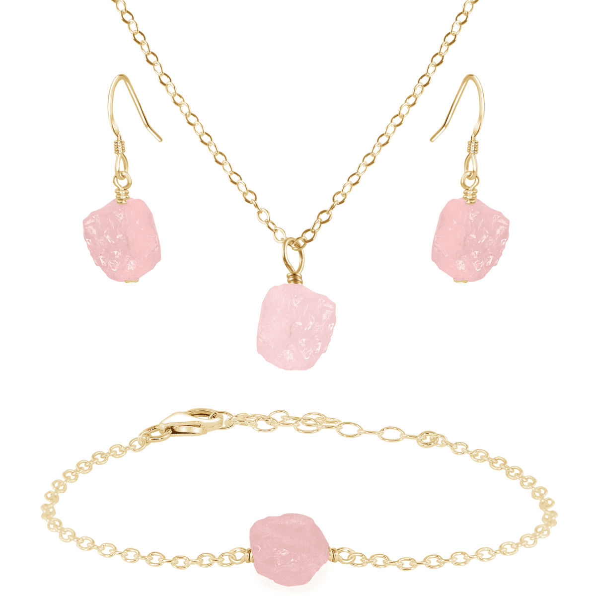 Raw Rose Quartz Crystal Earrings, Necklace & Bracelet Set - Raw Rose Quartz Crystal Earrings, Necklace & Bracelet Set - 14k Gold Fill - Luna Tide Handmade Crystal Jewellery