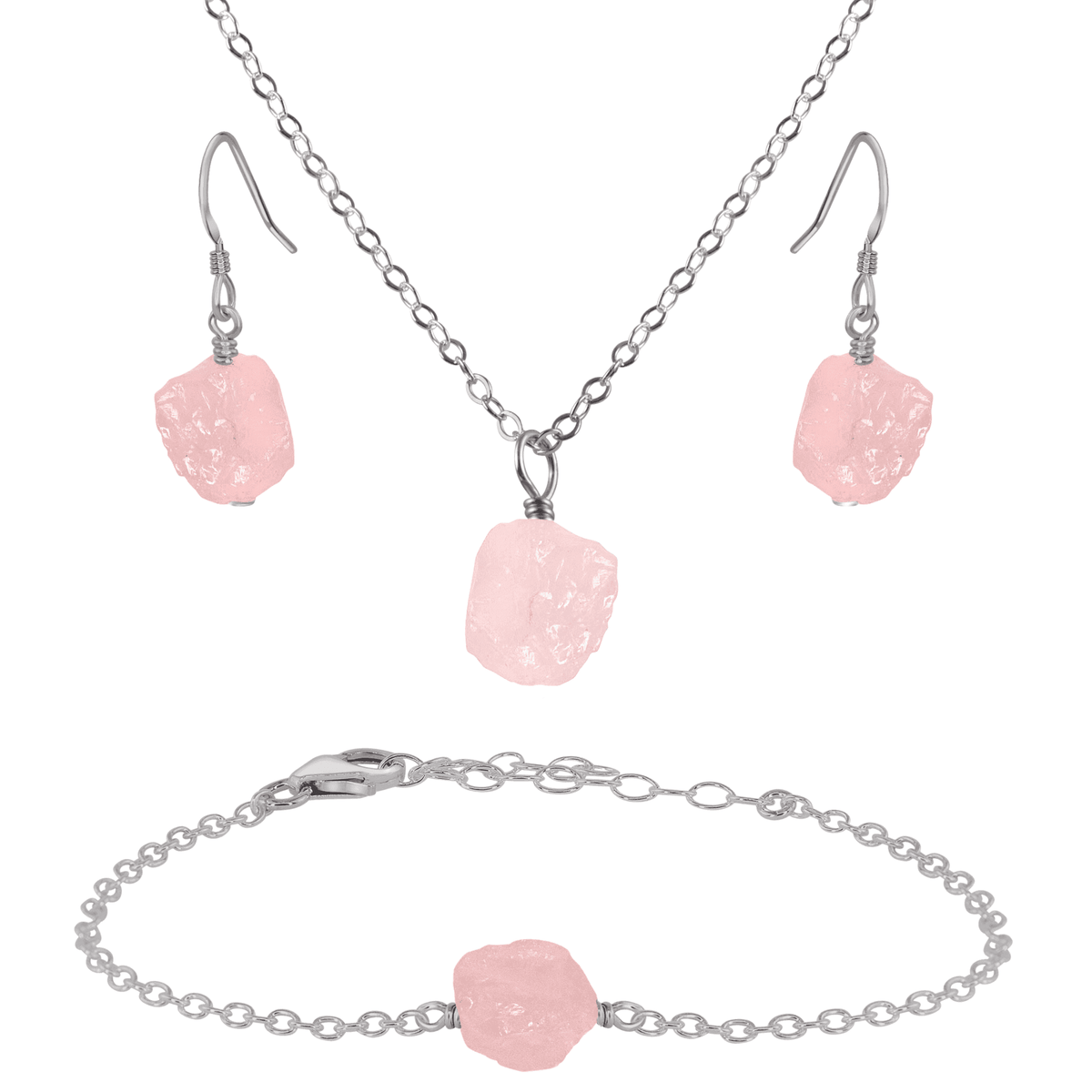 Raw Rose Quartz Crystal Earrings, Necklace & Bracelet Set - Raw Rose Quartz Crystal Earrings, Necklace & Bracelet Set - Stainless Steel - Luna Tide Handmade Crystal Jewellery