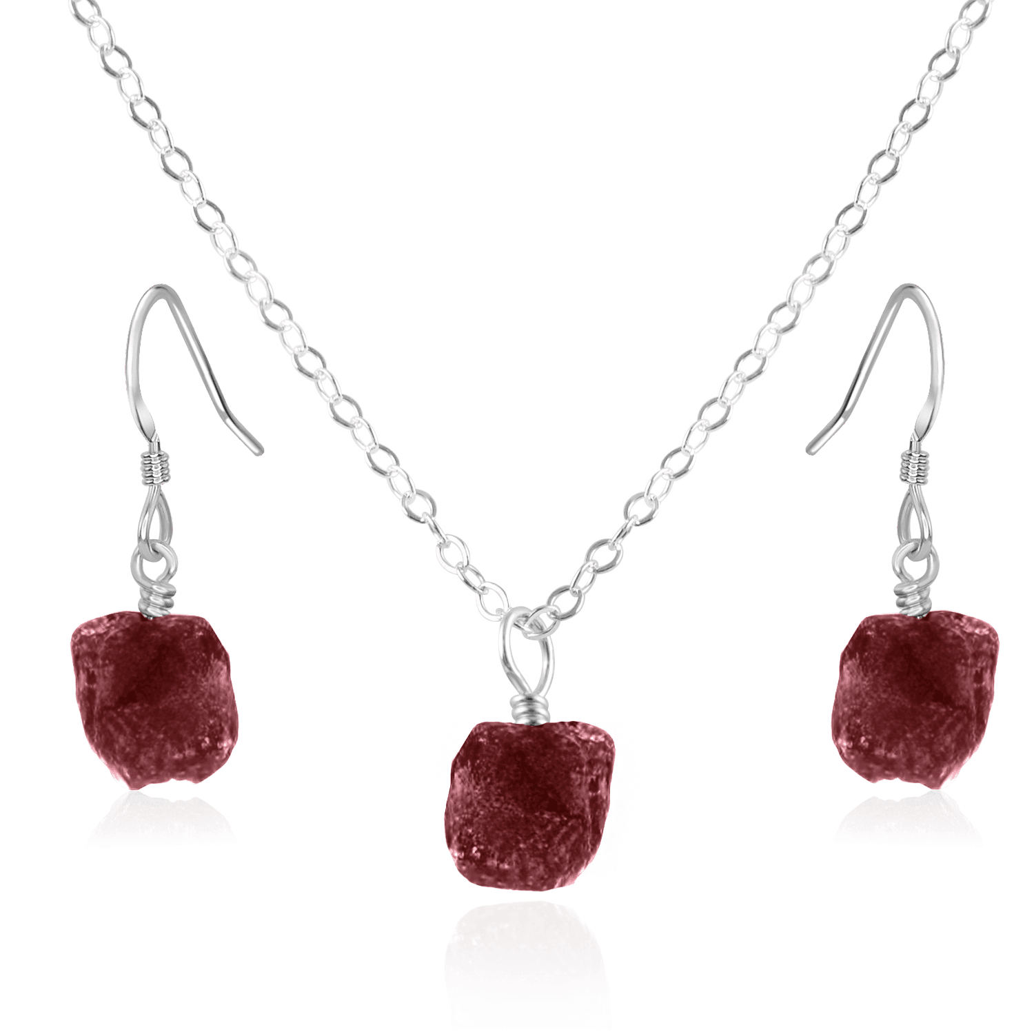 Raw Ruby Crystal Jewellery Set - Raw Ruby Crystal Jewellery Set - Sterling Silver / Cable / Necklace & Earrings - Luna Tide Handmade Crystal Jewellery