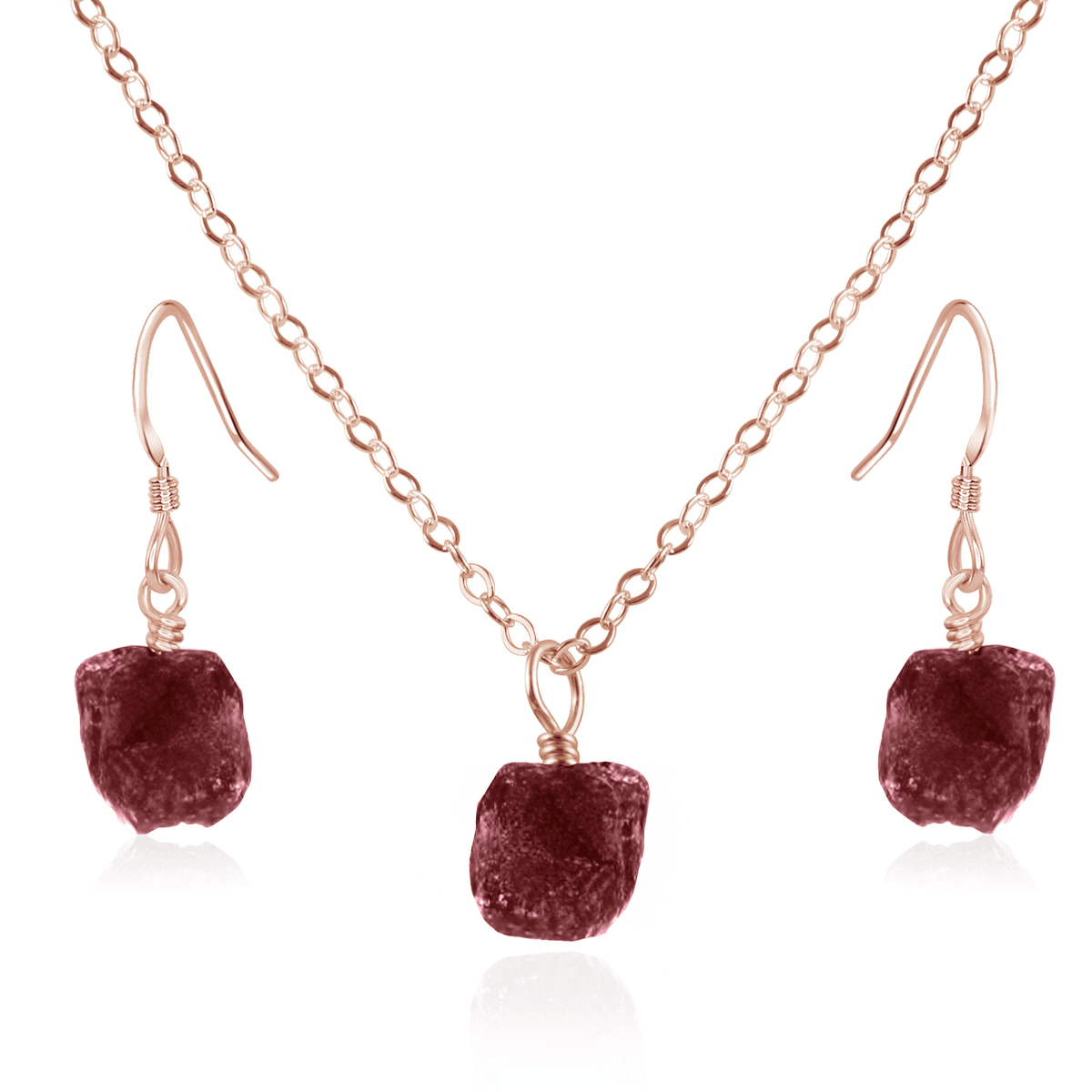 Raw Ruby Crystal Jewellery Set - Raw Ruby Crystal Jewellery Set - 14k Rose Gold Fill / Cable / Necklace & Earrings - Luna Tide Handmade Crystal Jewellery