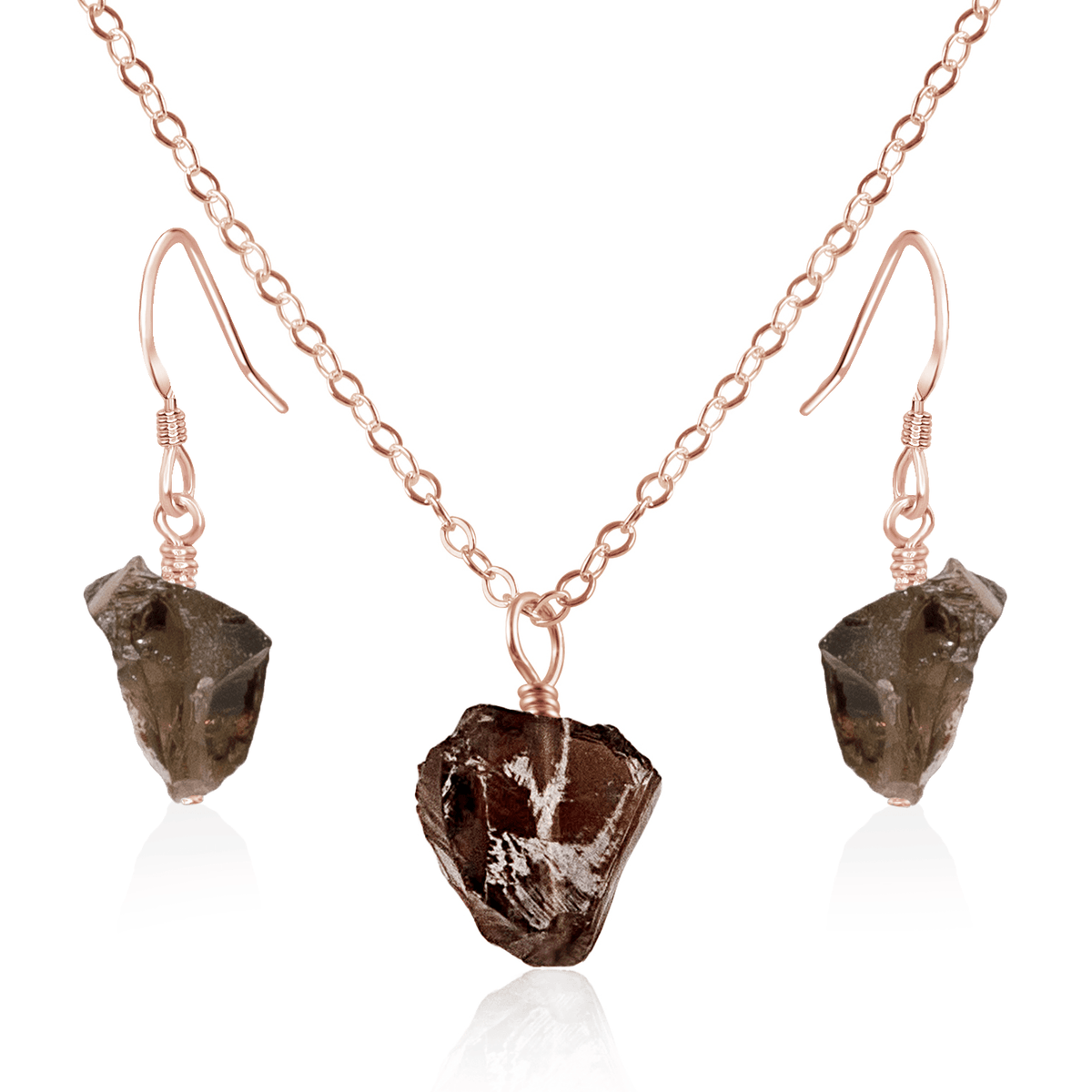 Raw Smoky Quartz Crystal Jewellery Set - Raw Smoky Quartz Crystal Jewellery Set - 14k Rose Gold Fill / Cable / Necklace & Earrings - Luna Tide Handmade Crystal Jewellery