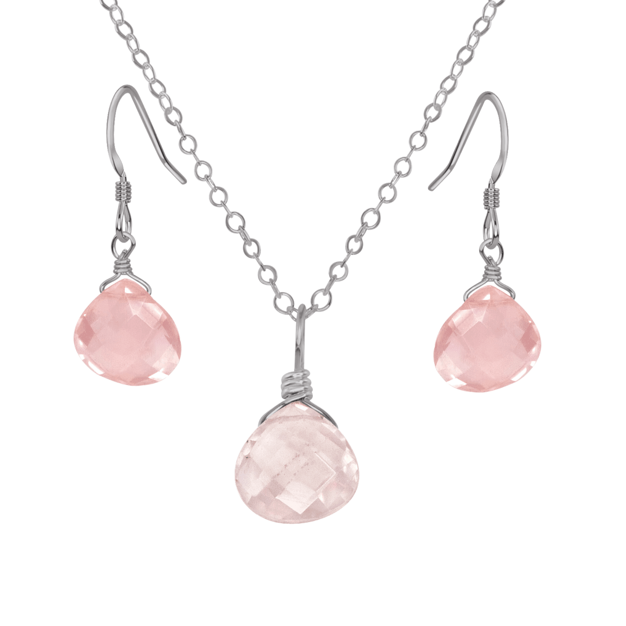 Rose Quartz Tiny Teardrop Earrings & Necklace Set - Rose Quartz Tiny Teardrop Earrings & Necklace Set - Stainless Steel / Cable - Luna Tide Handmade Crystal Jewellery