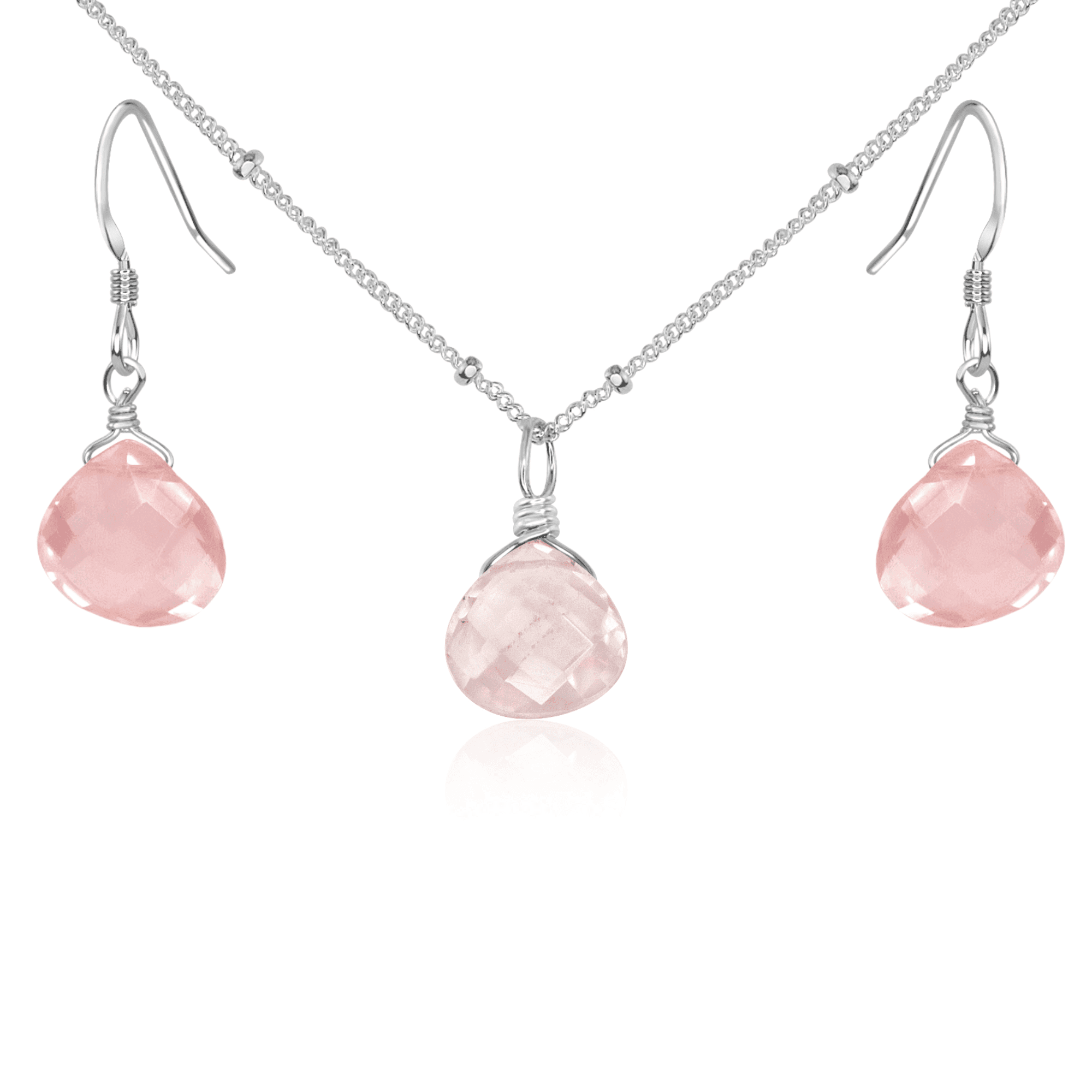 Rose Quartz Tiny Teardrop Earrings & Necklace Set - Rose Quartz Tiny Teardrop Earrings & Necklace Set - Sterling Silver / Satellite - Luna Tide Handmade Crystal Jewellery