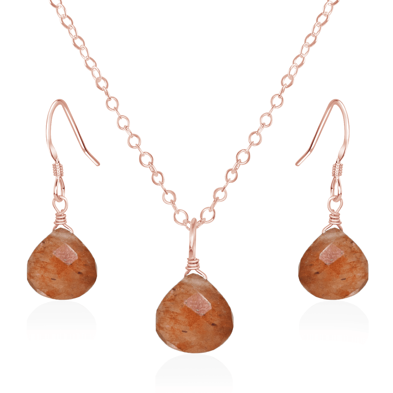 Sunstone Tiny Teardrop Earrings & Necklace Set - Sunstone Tiny Teardrop Earrings & Necklace Set - 14k Rose Gold Fill / Cable - Luna Tide Handmade Crystal Jewellery
