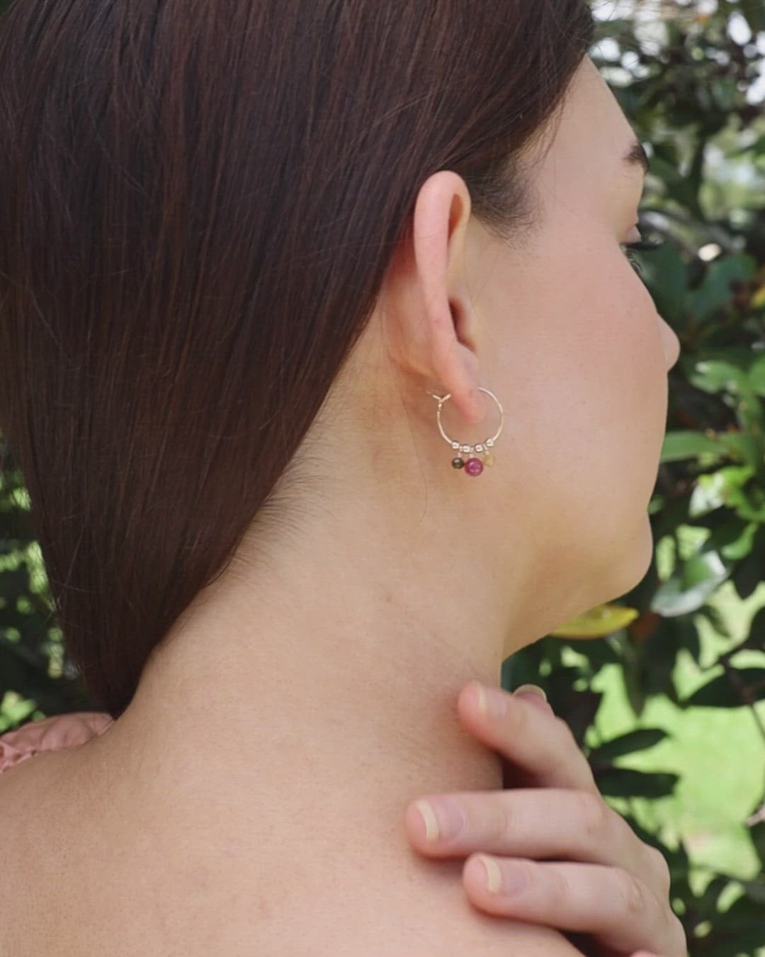 Rainbow Tourmaline Gemstone Bead Drop Hoop Earrings