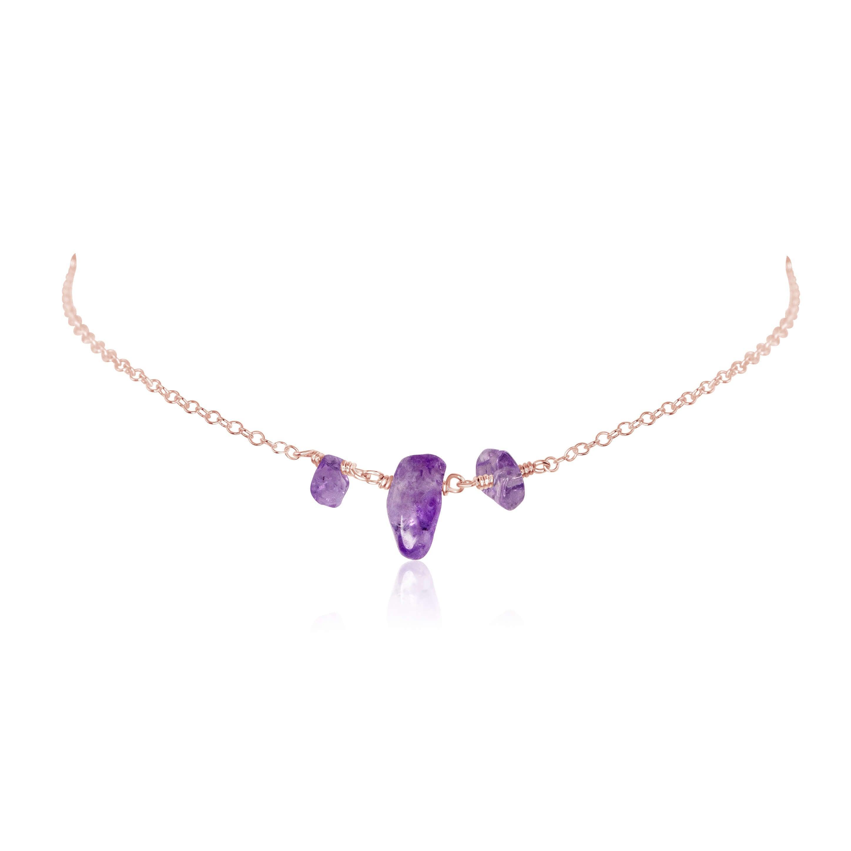 Amethyst Beaded Chain Choker Necklace - Amethyst Beaded Chain Choker Necklace - 14k Rose Gold Fill - Luna Tide Handmade Crystal Jewellery