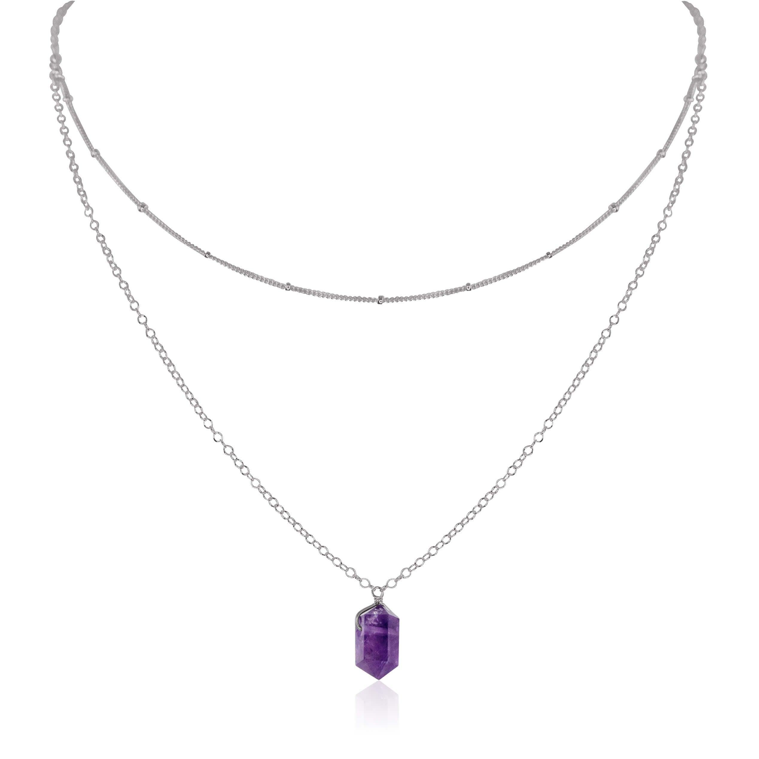 Amethyst Double Terminated Crystal Chain Layered Choker Necklace - Amethyst Double Terminated Crystal Chain Layered Choker Necklace - Stainless Steel - Luna Tide Handmade Crystal Jewellery