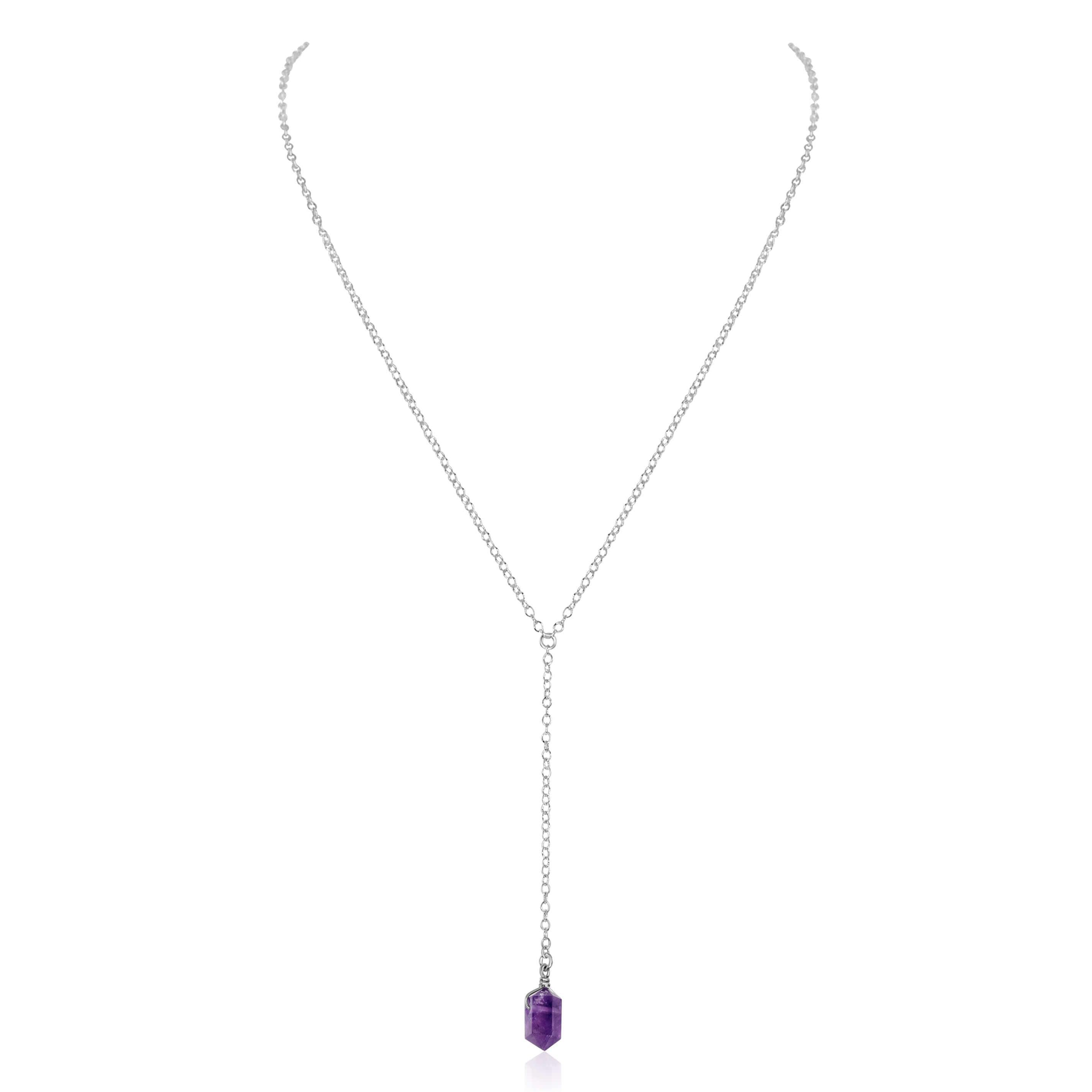 Amethyst Double Terminated Mini Crystal Point Lariat Necklace - Amethyst Double Terminated Mini Crystal Point Lariat Necklace - Sterling Silver - Luna Tide Handmade Crystal Jewellery