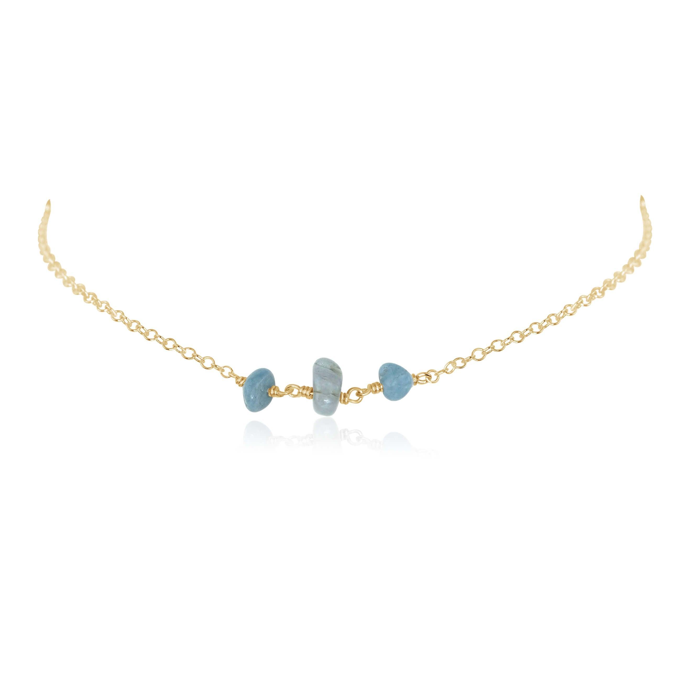 Aquamarine Beaded Chain Choker Necklace - Aquamarine Beaded Chain Choker Necklace - 14k Gold Fill - Luna Tide Handmade Crystal Jewellery