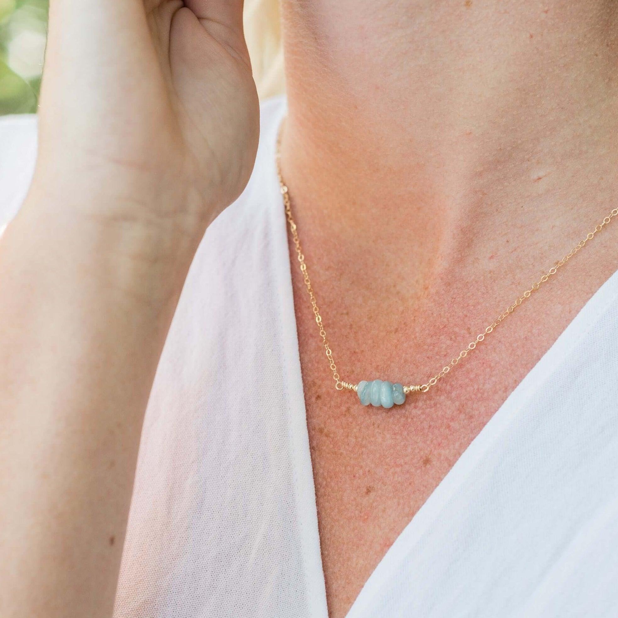 Aquamarine Chip Bead Bar Necklace - Aquamarine Chip Bead Bar Necklace - 14k Gold Fill - Luna Tide Handmade Crystal Jewellery