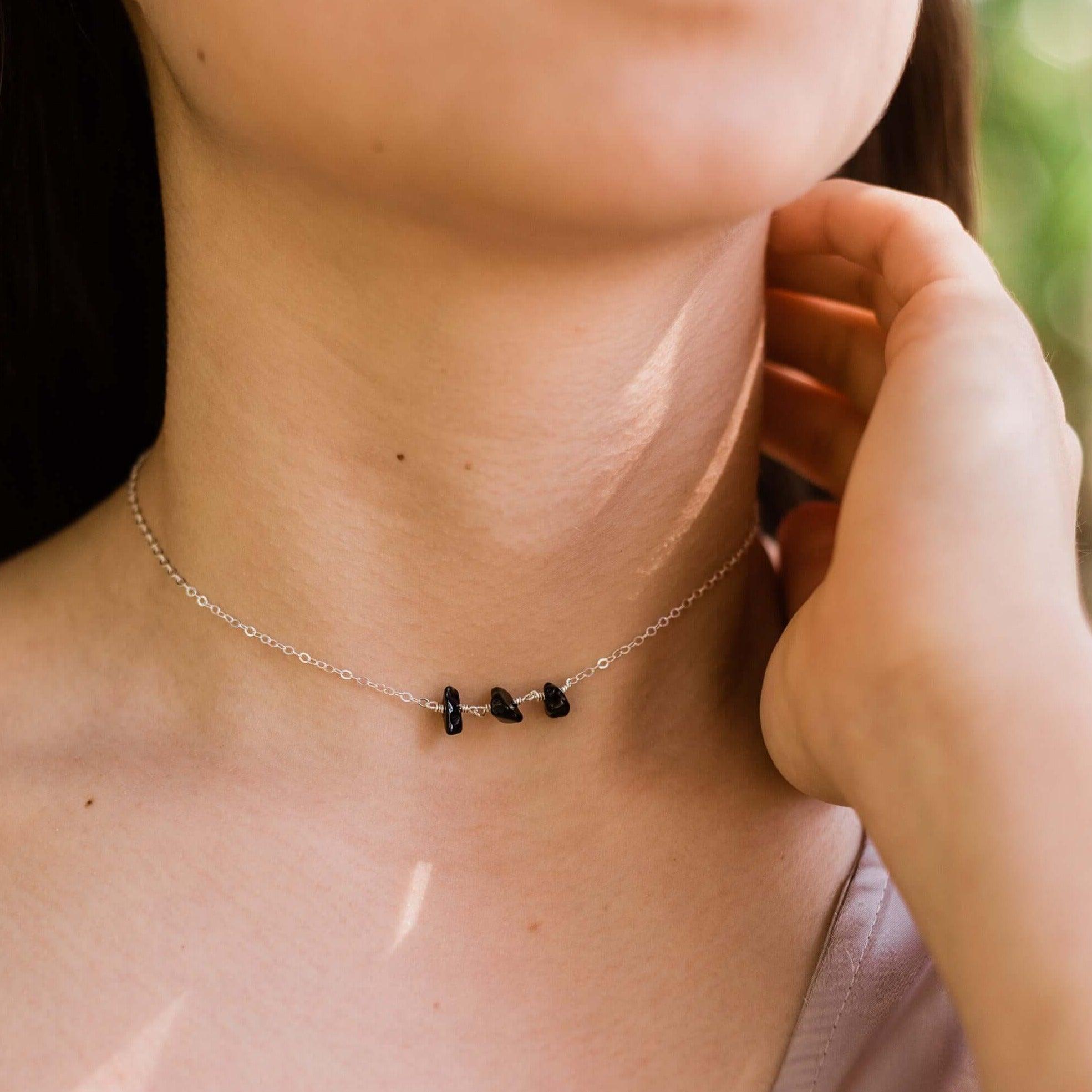 Black Onyx Beaded Chain Choker Necklace - Black Onyx Beaded Chain Choker Necklace - Sterling Silver - Luna Tide Handmade Crystal Jewellery