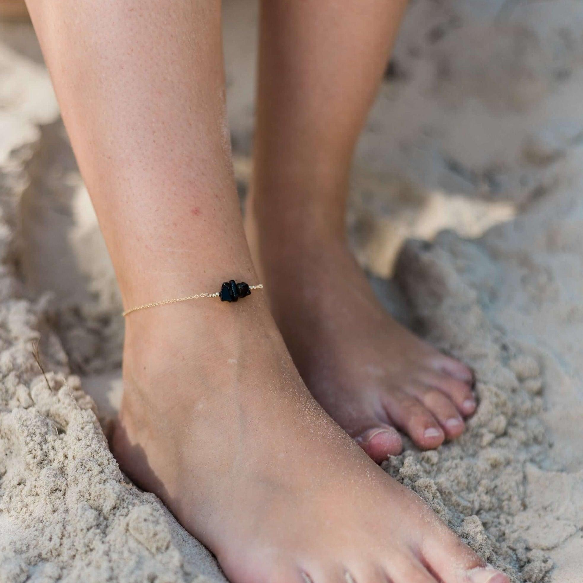 Black onyx Chip Bead Bar Anklet - Black onyx Chip Bead Bar Anklet - Sterling Silver - Luna Tide Handmade Crystal Jewellery