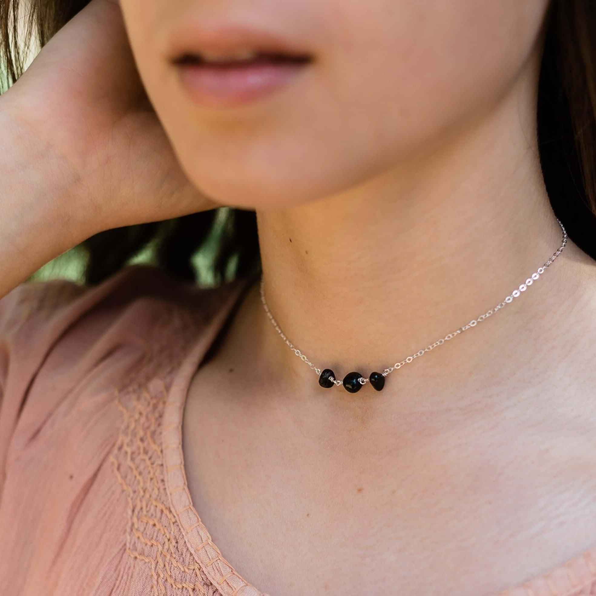 Black Tourmaline Beaded Chain Choker Necklace - Black Tourmaline Beaded Chain Choker Necklace - Sterling Silver - Luna Tide Handmade Crystal Jewellery