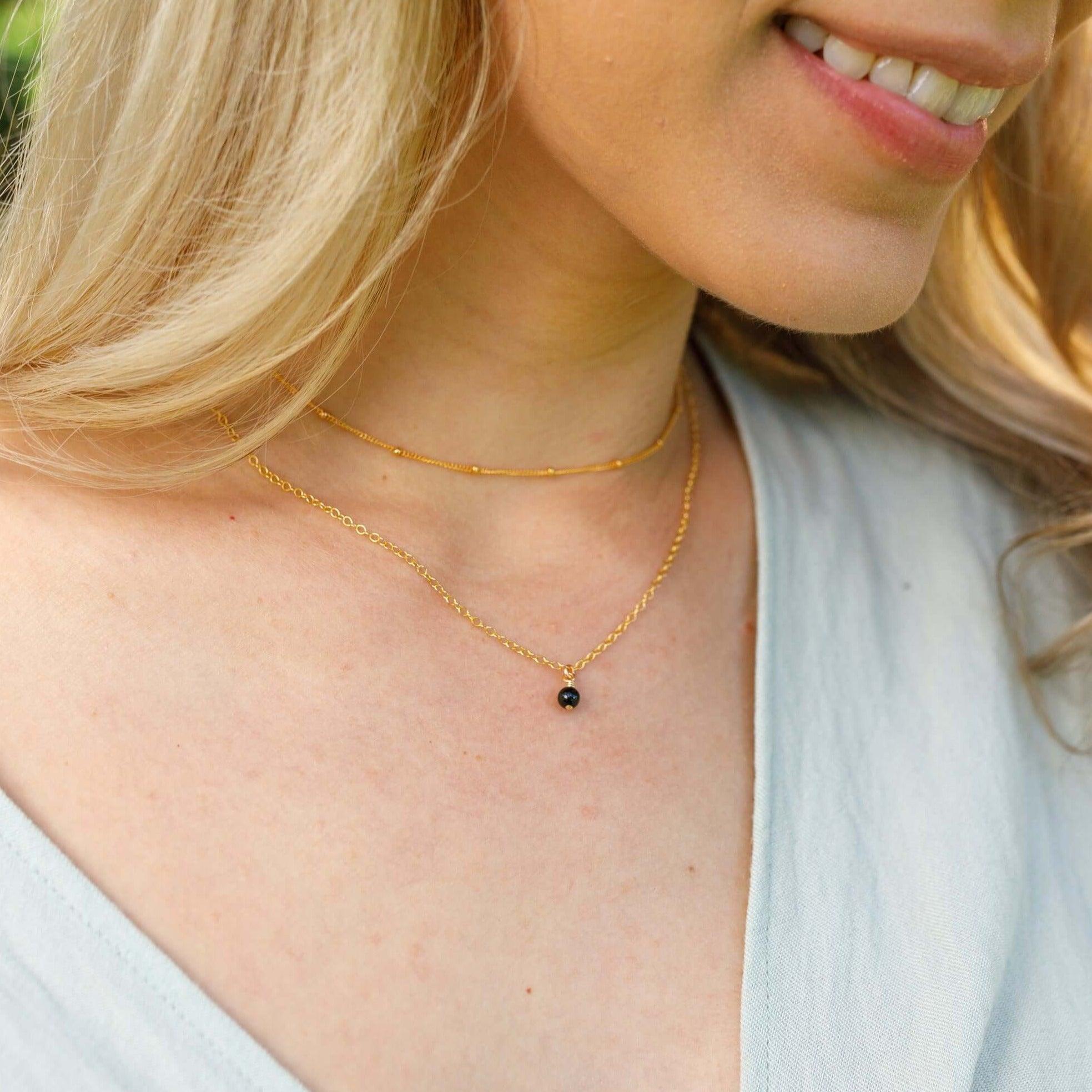Black Tourmaline Gemstone Chain Layered Choker Necklace - Black Tourmaline Gemstone Chain Layered Choker Necklace - Sterling Silver - Luna Tide Handmade Crystal Jewellery