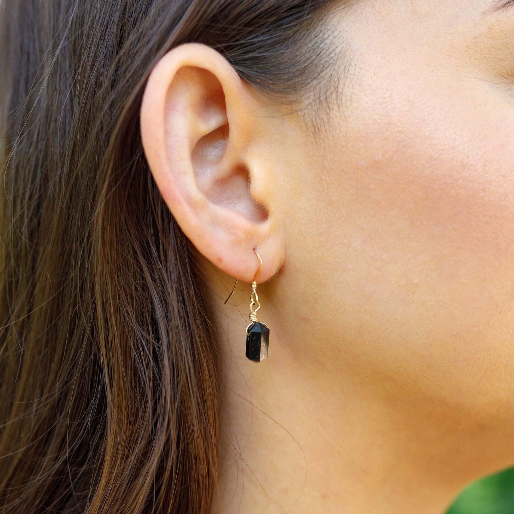Black Tourmaline Mini Double Terminated Crystal Point Dangle Drop Earrings - Black Tourmaline Mini Double Terminated Crystal Point Dangle Drop Earrings - Sterling Silver - Luna Tide Handmade Crystal Jewellery