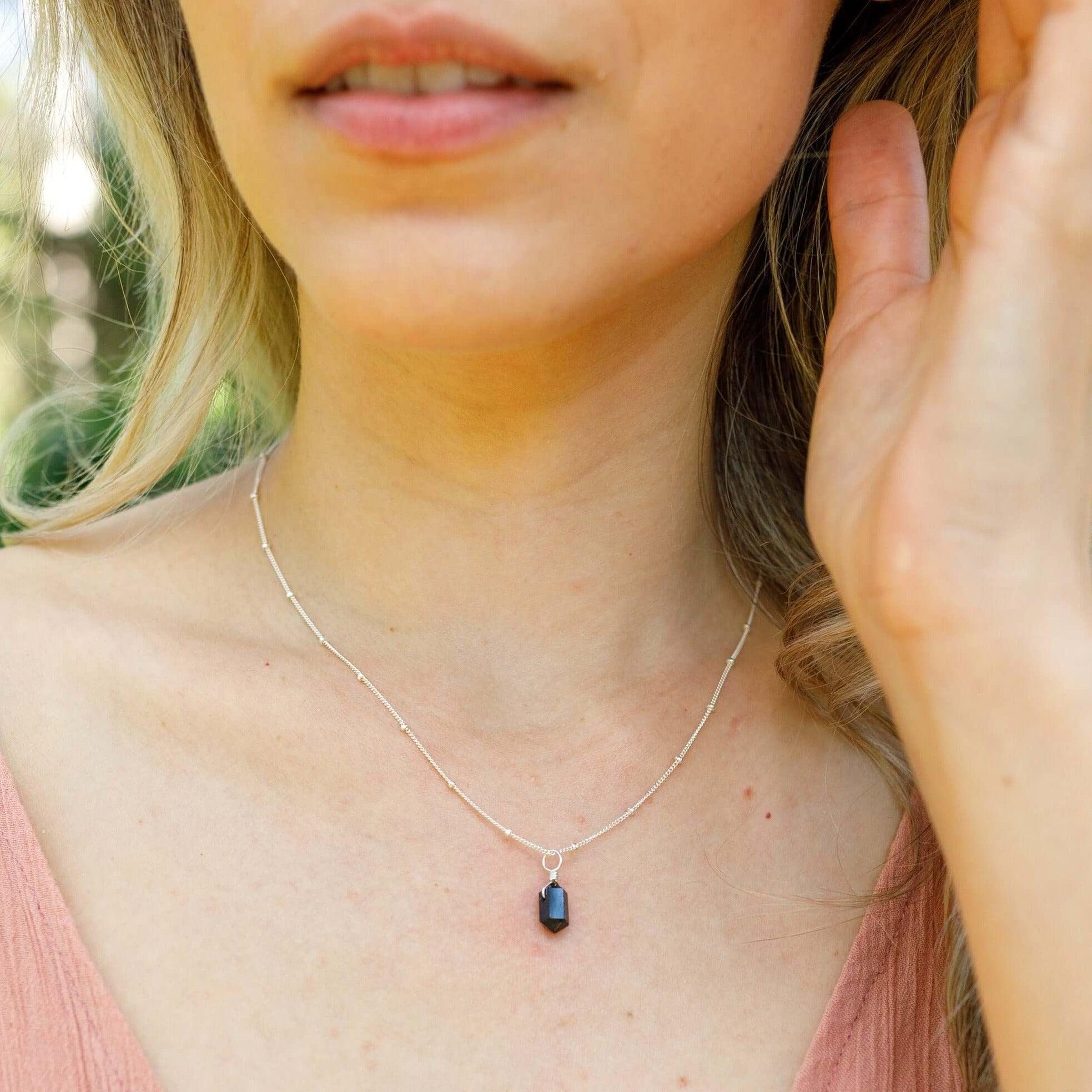 Black Tourmaline Mini Double Terminated Crystal Point Pendant Necklace - Black Tourmaline Mini Double Terminated Crystal Point Pendant Necklace - Sterling Silver / Cable - Luna Tide Handmade Crystal Jewellery