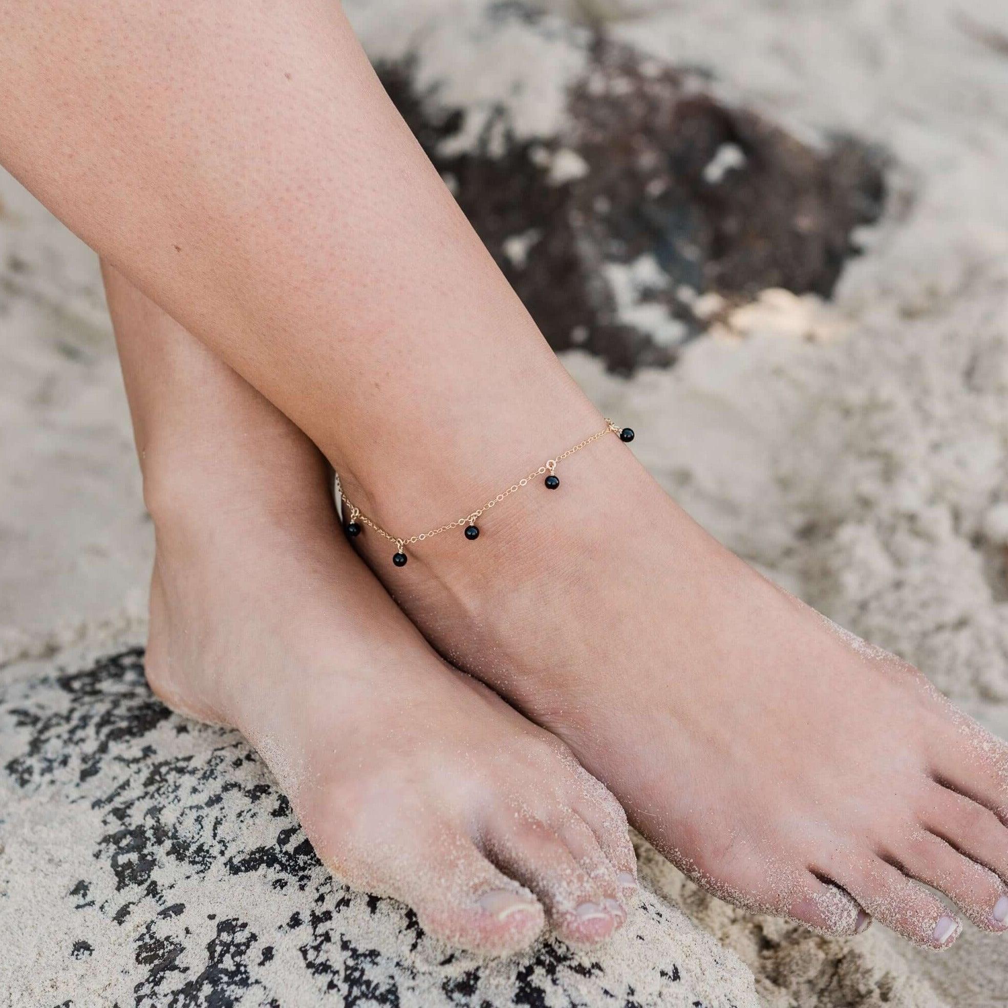 Boho Black Tourmaline Gemstone Bead Drop Anklet - Boho Black Tourmaline Gemstone Bead Drop Anklet - Sterling Silver - Luna Tide Handmade Crystal Jewellery