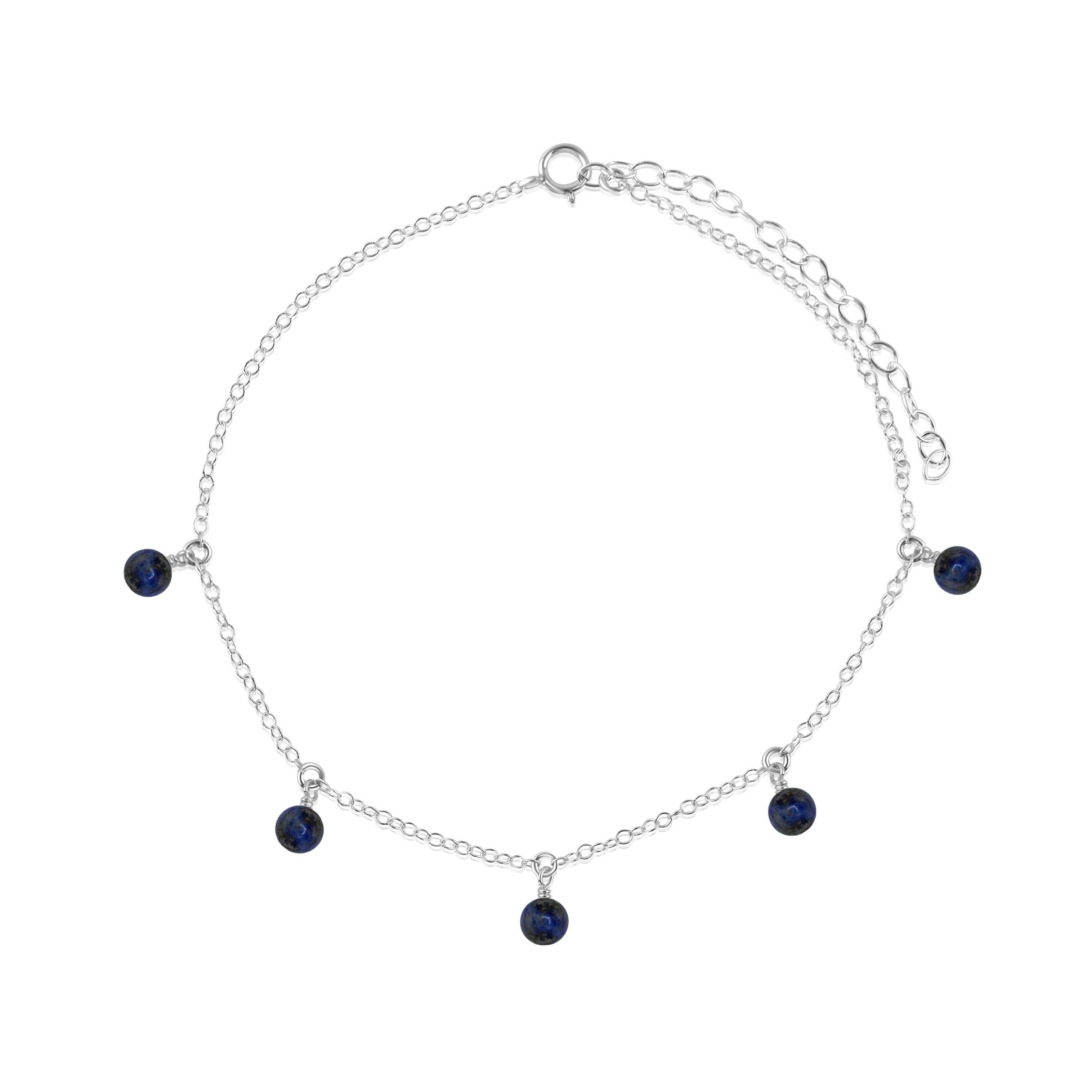 Boho Blue Sapphire Gemstone Bead Drop Anklet - Boho Blue Sapphire Gemstone Bead Drop Anklet - Sterling Silver - Luna Tide Handmade Crystal Jewellery