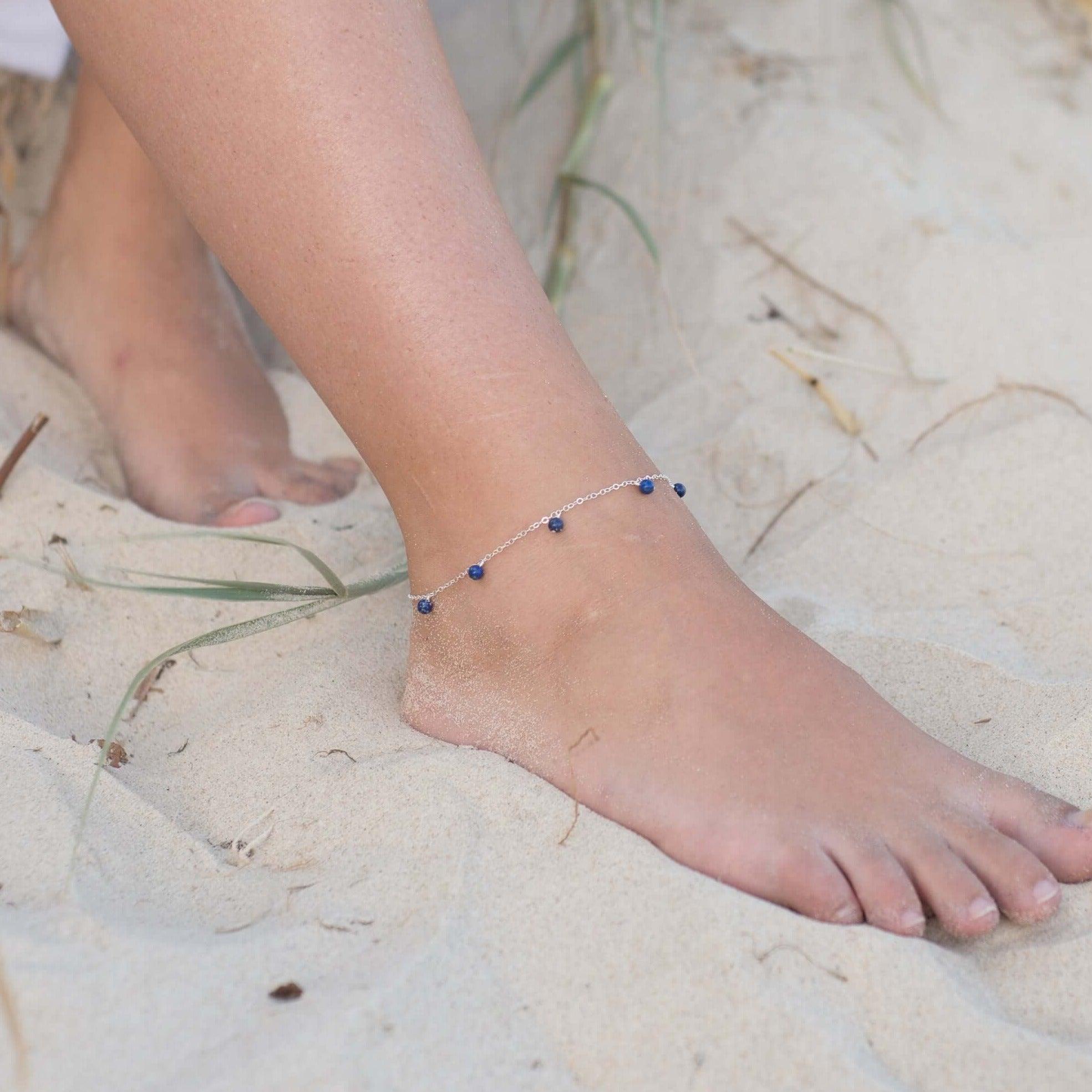 Boho Lapis Lazuli Bead Drop Anklet - Boho Lapis Lazuli Bead Drop Anklet - Sterling Silver - Luna Tide Handmade Crystal Jewellery