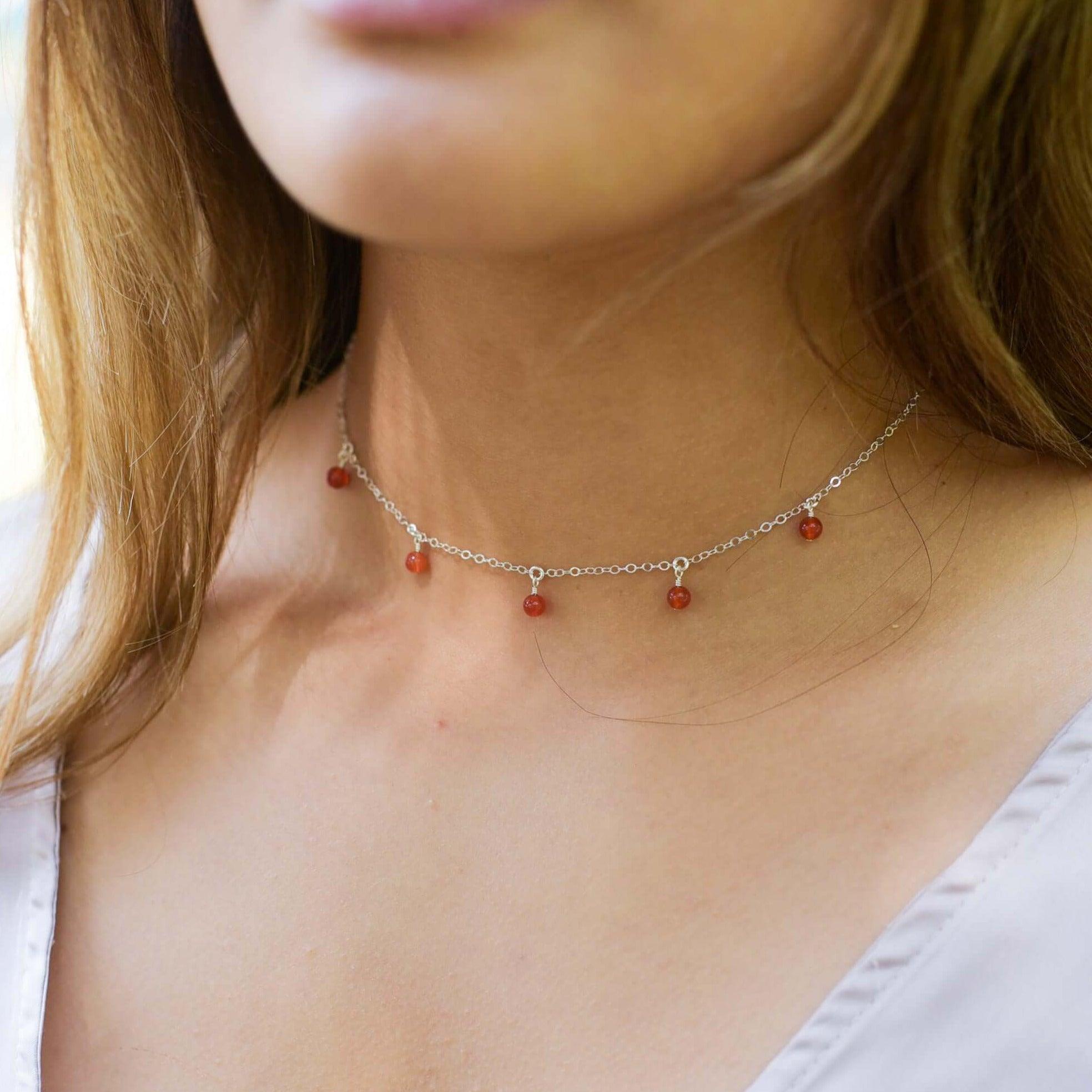 Carnelian Bead Drop Choker - Carnelian Bead Drop Choker - 14k Gold Fill - Luna Tide Handmade Crystal Jewellery
