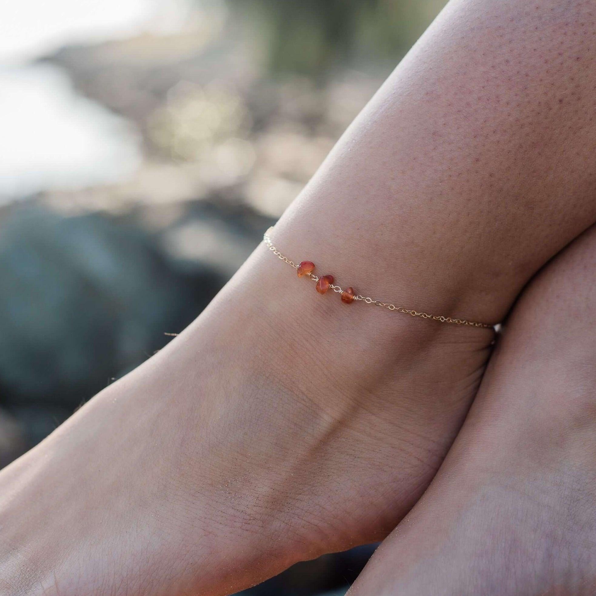 Carnelian Beaded Chain Anklet - Carnelian Beaded Chain Anklet - 14k Gold Fill - Luna Tide Handmade Crystal Jewellery