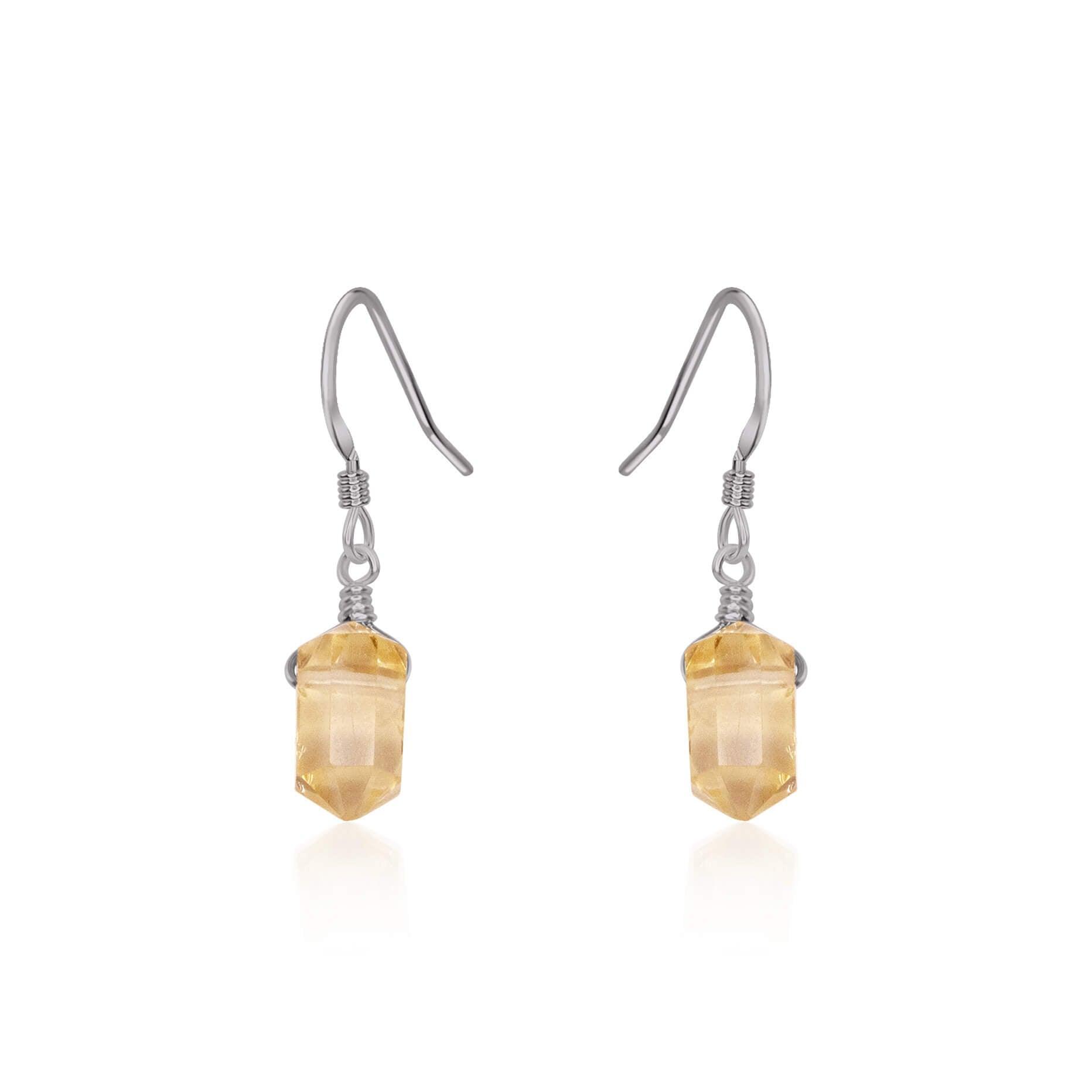 Citrine Mini Double Terminated Crystal Point Dangle Drop Earrings - Citrine Mini Double Terminated Crystal Point Dangle Drop Earrings - Stainless Steel - Luna Tide Handmade Crystal Jewellery