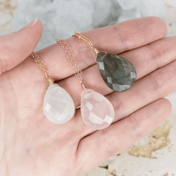 Custom Large Faceted Teardrop Crystal Pendant Necklace - Custom Large Faceted Teardrop Crystal Pendant Necklace - 14k Gold Fill / 35cm (14") - Choker / Cable - Luna Tide Handmade Crystal Jewellery