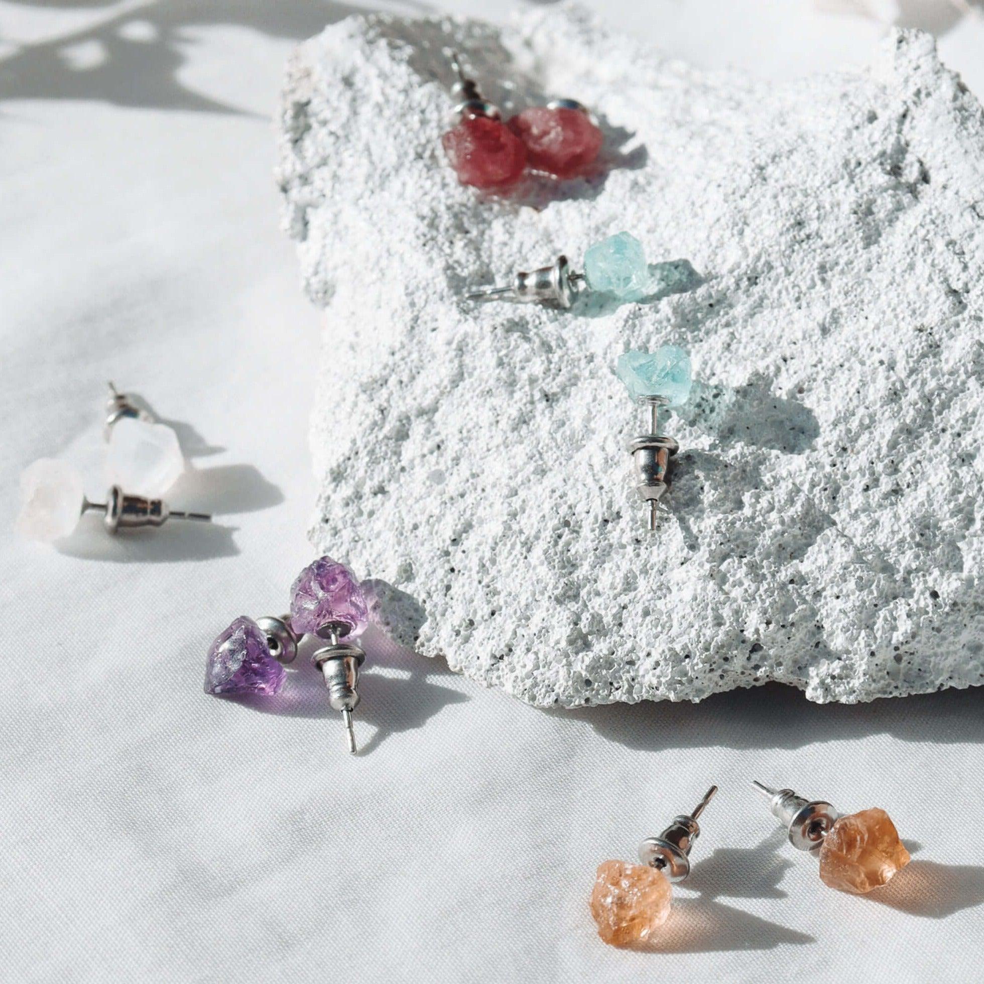 Custom Raw Crystal Gemstone Stud Earrings - Custom Raw Crystal Gemstone Stud Earrings - Sterling Silver / Amethyst for February - Luna Tide Handmade Crystal Jewellery
