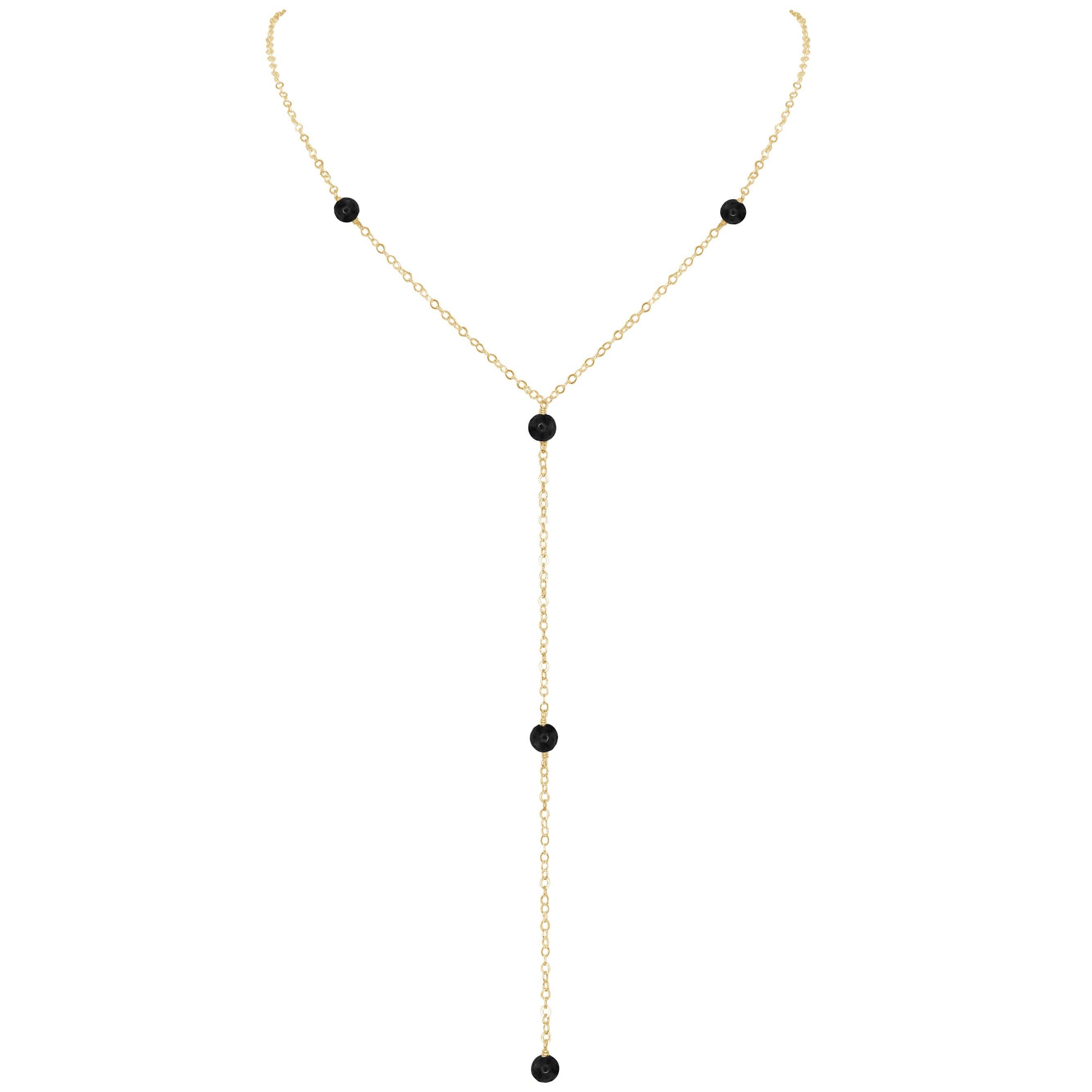 Dainty Black Onyx Lariat Necklace - Dainty Black Onyx Lariat Necklace - 14k Gold Fill - Luna Tide Handmade Crystal Jewellery