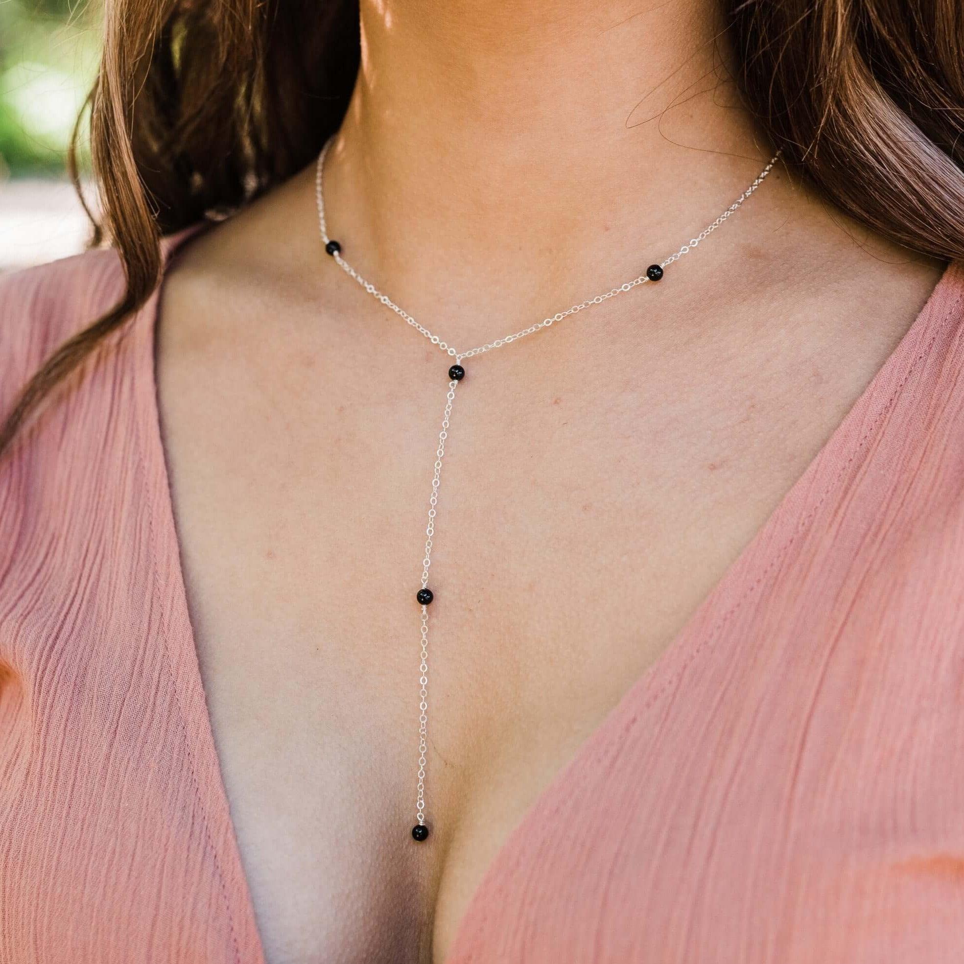 Dainty Black Onyx Lariat Necklace - Dainty Black Onyx Lariat Necklace - Sterling Silver - Luna Tide Handmade Crystal Jewellery