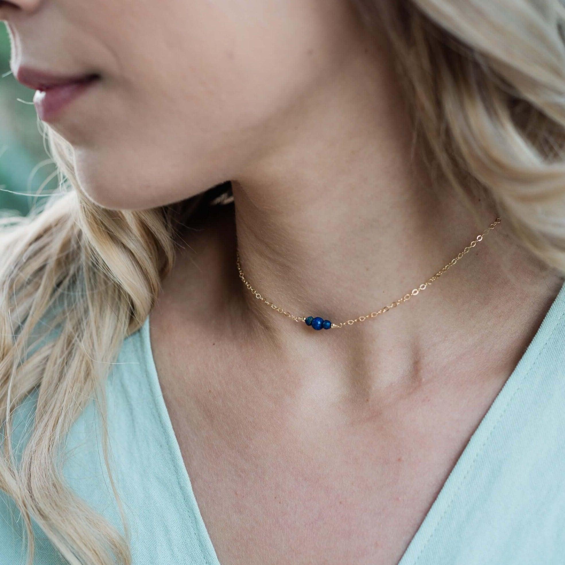 Dainty Lapis Lazuli Gemstone Choker Necklace - Dainty Lapis Lazuli Gemstone Choker Necklace - Sterling Silver - Luna Tide Handmade Crystal Jewellery