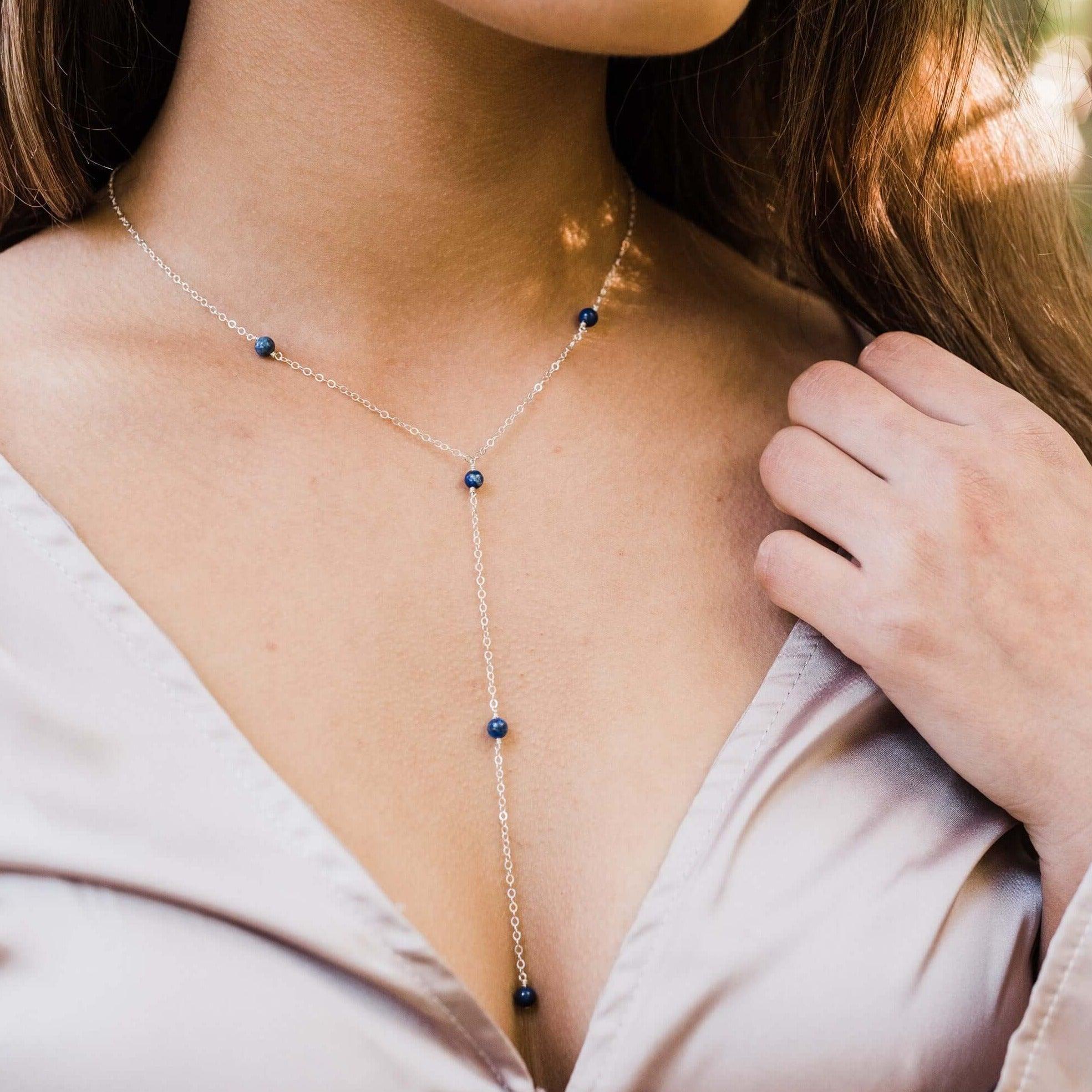 Dainty Lapis Lazuli Lariat Necklace - Dainty Lapis Lazuli Lariat Necklace - Sterling Silver - Luna Tide Handmade Crystal Jewellery