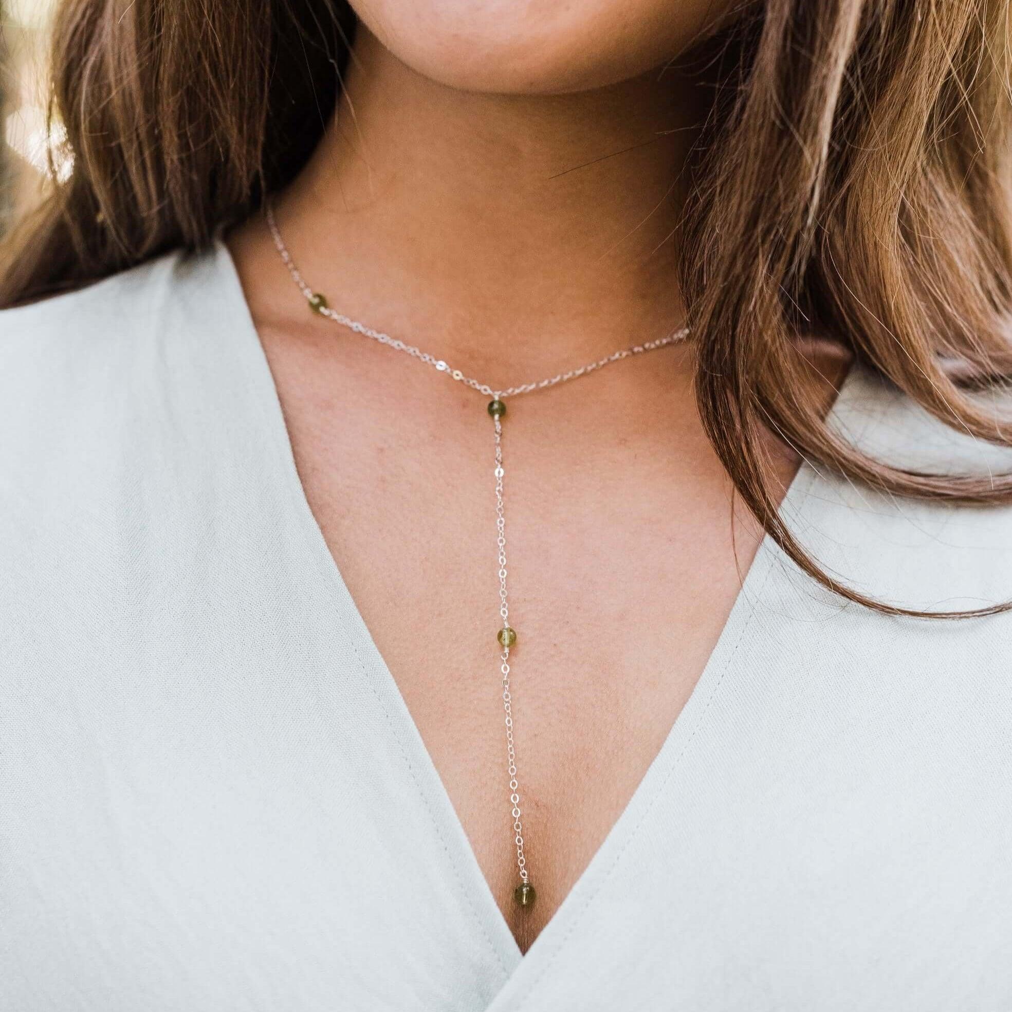 Dainty Peridot Lariat Necklace - Dainty Peridot Lariat Necklace - Sterling Silver - Luna Tide Handmade Crystal Jewellery