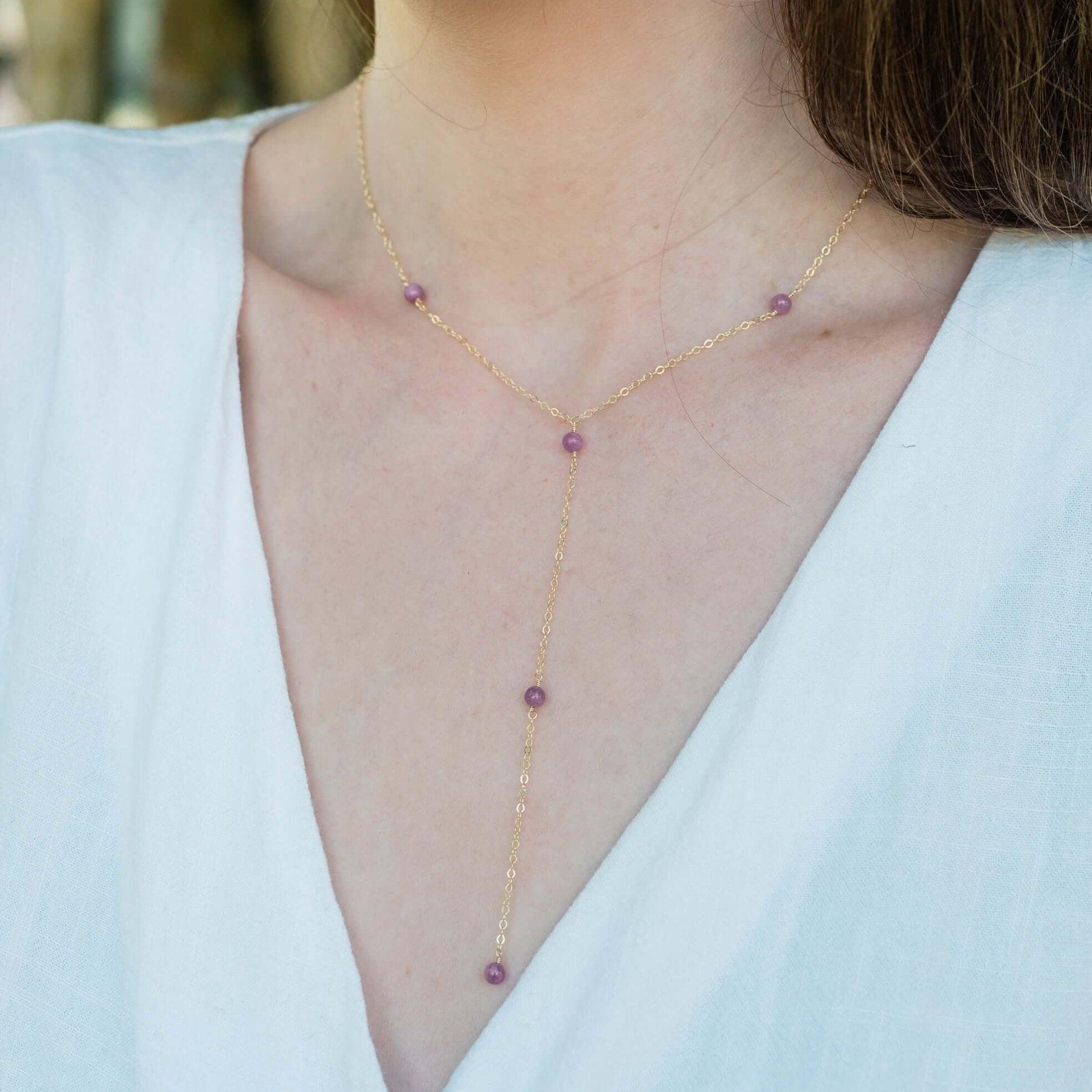 Dainty Ruby Lariat Necklace - Dainty Ruby Lariat Necklace - Sterling Silver - Luna Tide Handmade Crystal Jewellery