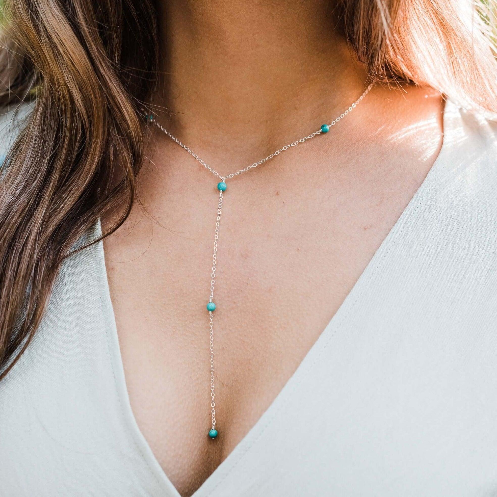 Dainty Turquoise Lariat Necklace - Dainty Turquoise Lariat Necklace - Sterling Silver - Luna Tide Handmade Crystal Jewellery