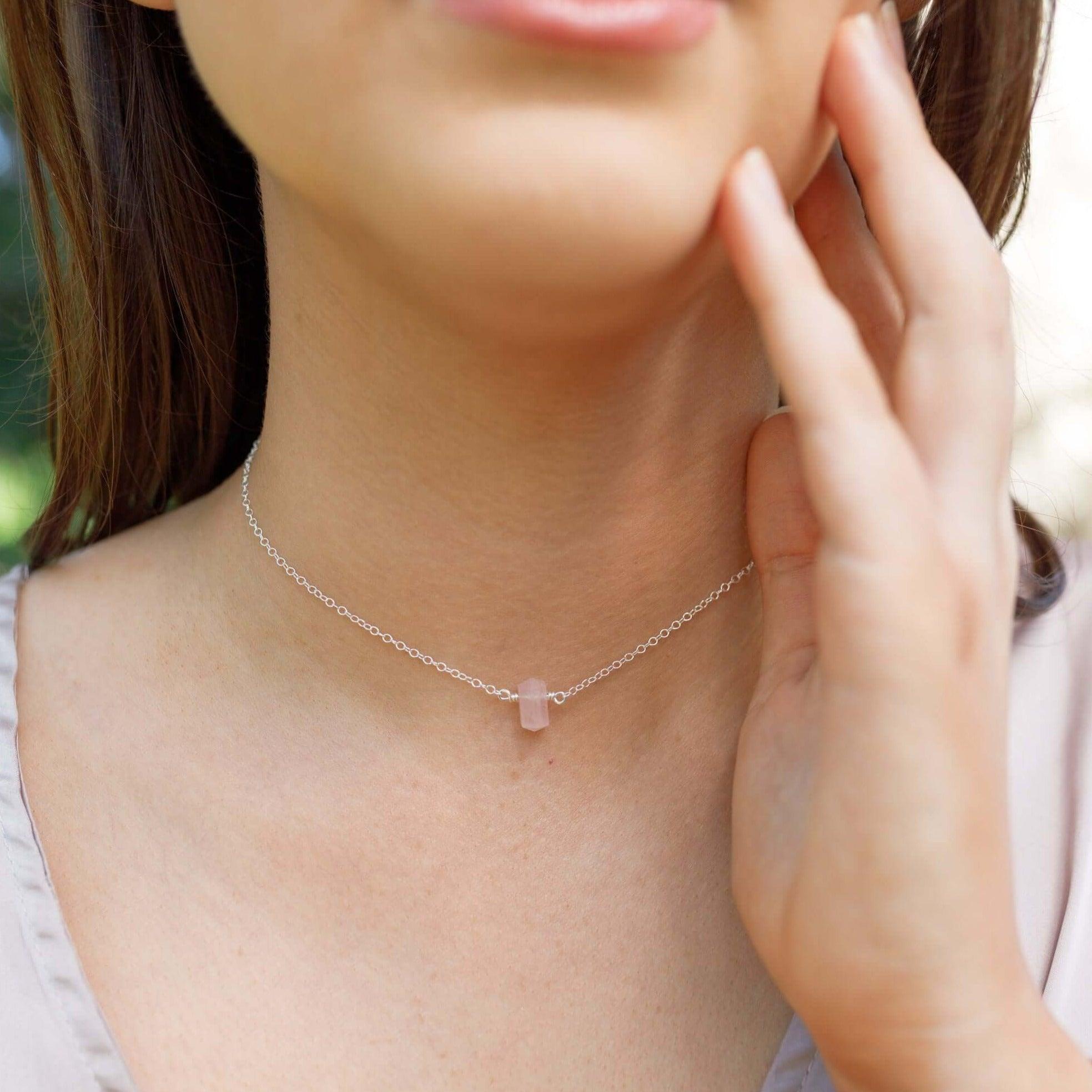 Double Terminated Rose Quartz Mini Crystal Point Choker Necklace - Double Terminated Rose Quartz Mini Crystal Point Choker Necklace - Sterling Silver - Luna Tide Handmade Crystal Jewellery