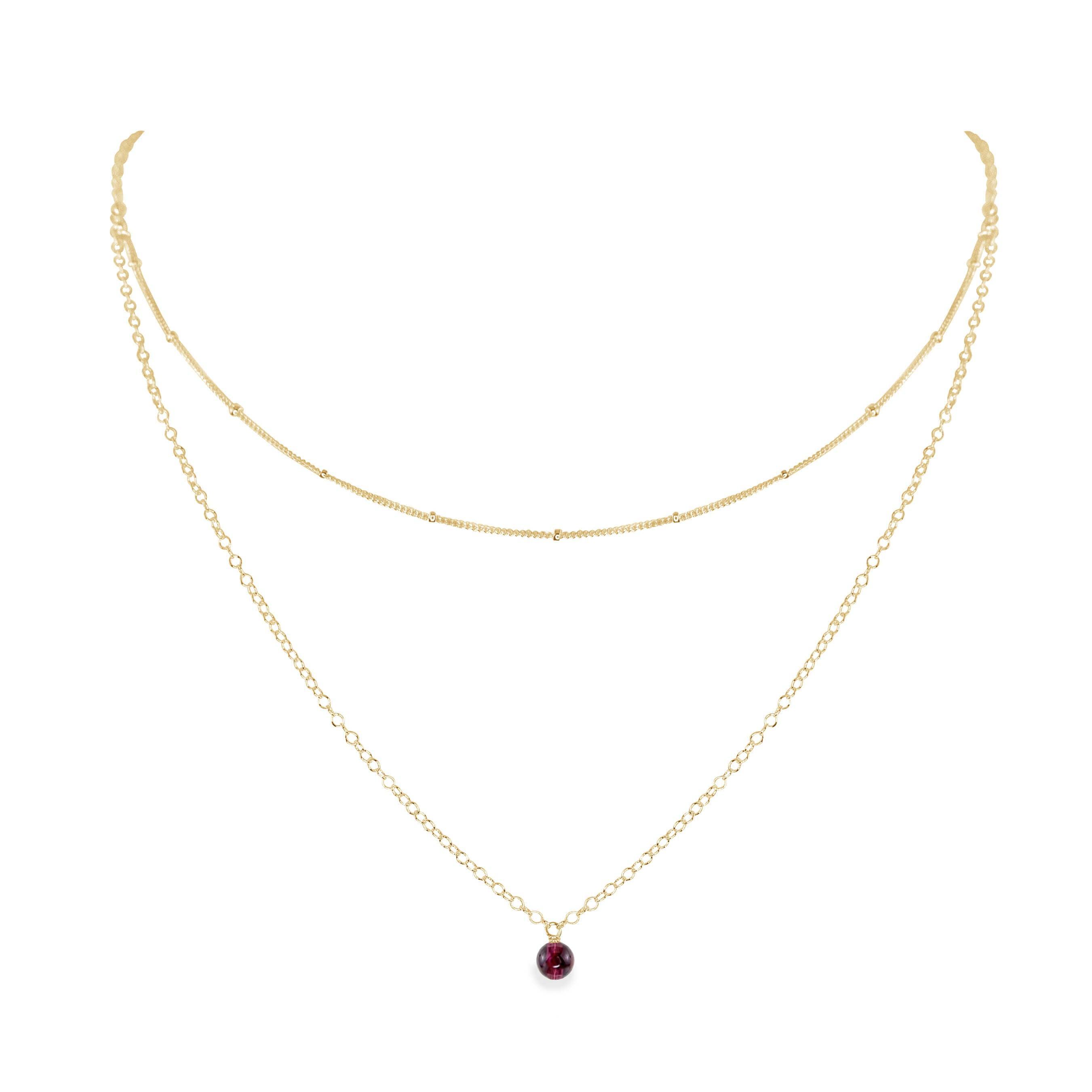 Garnet Gemstone Chain Layered Choker Necklace - Garnet Gemstone Chain Layered Choker Necklace - 14k Gold Fill - Luna Tide Handmade Crystal Jewellery