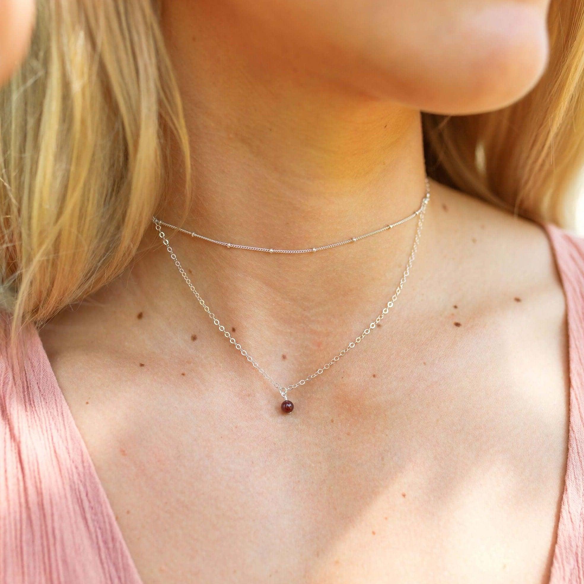 Garnet Gemstone Chain Layered Choker Necklace - Garnet Gemstone Chain Layered Choker Necklace - Sterling Silver - Luna Tide Handmade Crystal Jewellery