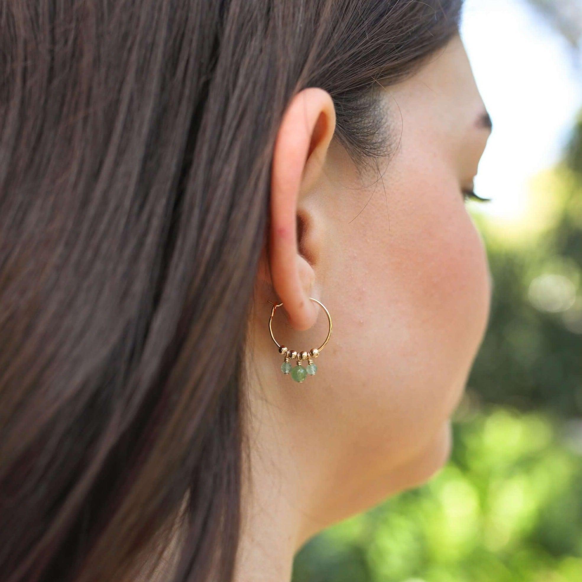 Green Aventurine Gemstone Bead Drop Hoop Earrings - Green Aventurine Gemstone Bead Drop Hoop Earrings - 14k Gold Fill - Luna Tide Handmade Crystal Jewellery