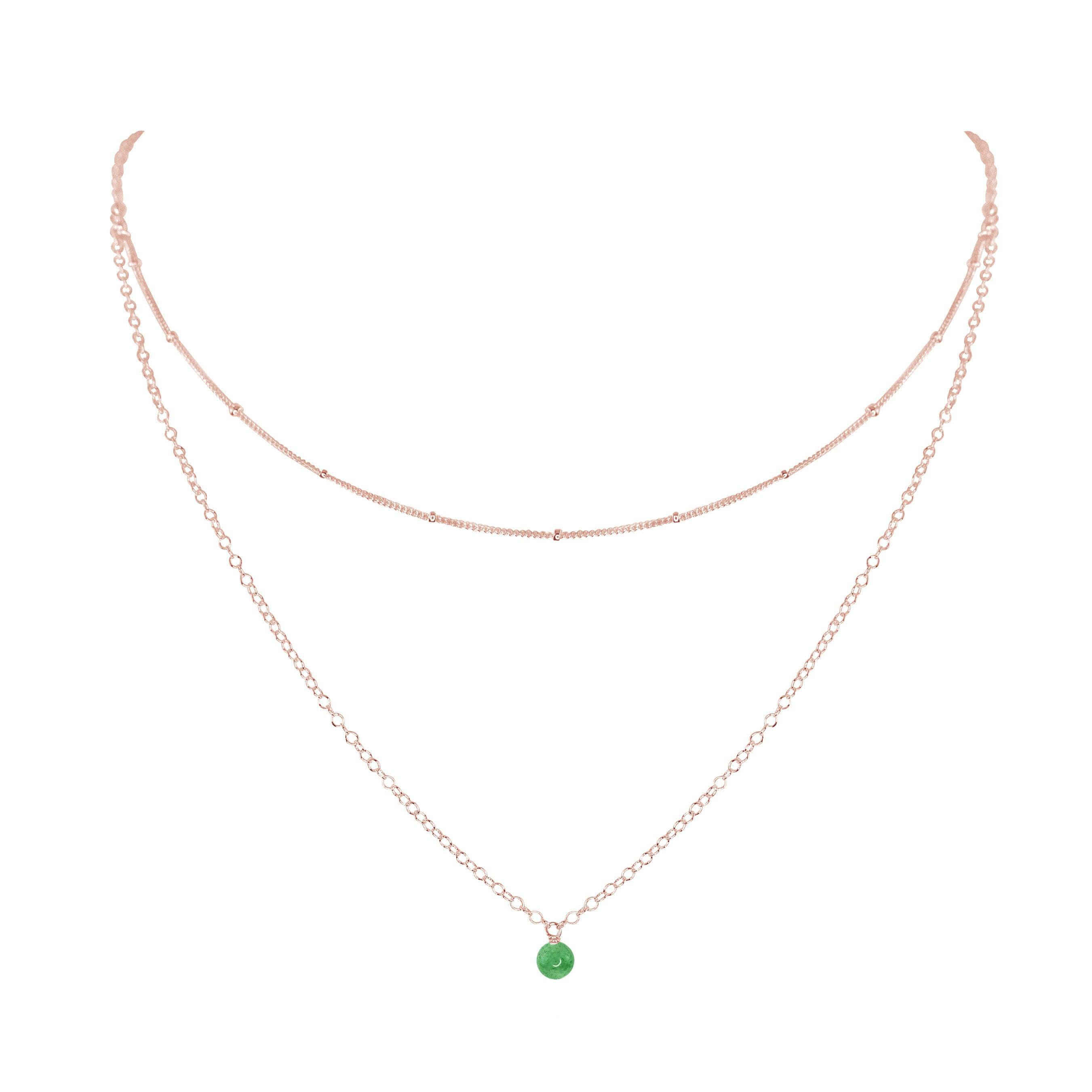 Green Aventurine Gemstone Chain Layered Choker Necklace - Green Aventurine Gemstone Chain Layered Choker Necklace - 14k Rose Gold Fill - Luna Tide Handmade Crystal Jewellery