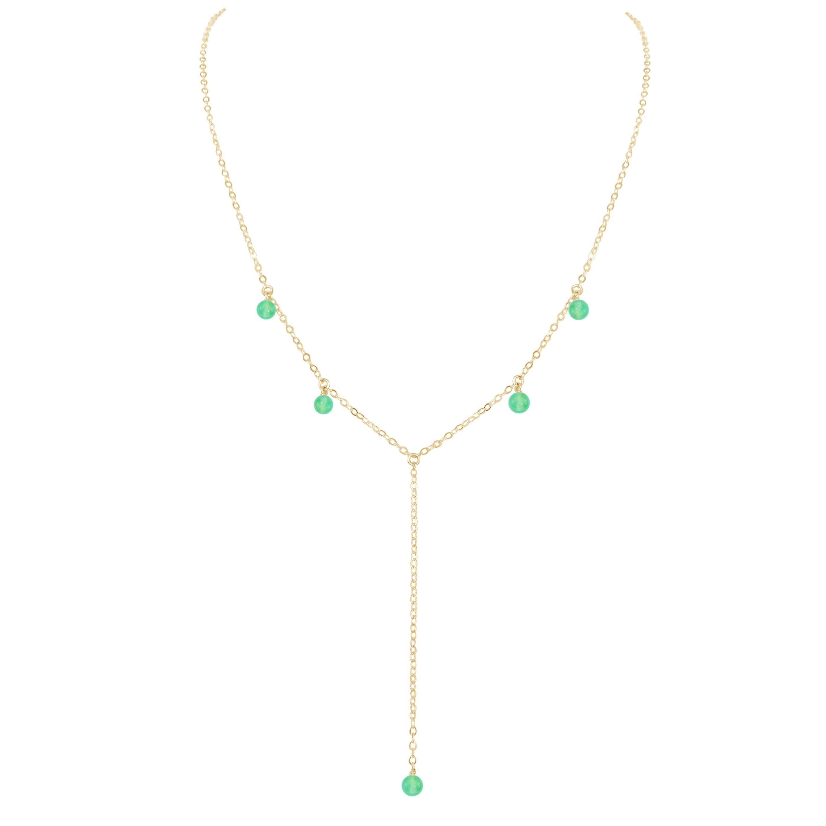 Green Chrysoprase Crystal Boho Lariat Necklace - Green Chrysoprase Crystal Boho Lariat Necklace - 14k Gold Fill - Luna Tide Handmade Crystal Jewellery