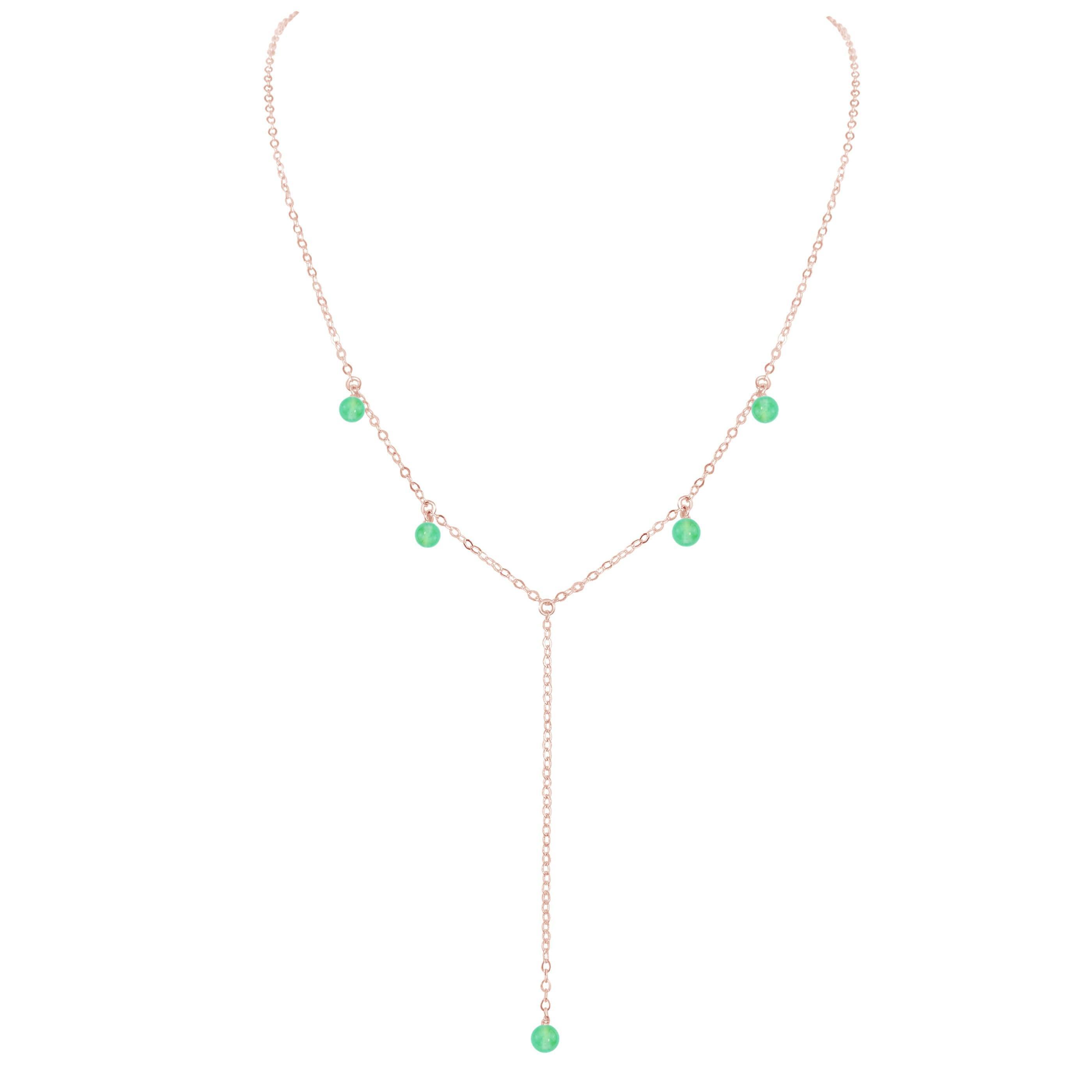 Green Chrysoprase Crystal Boho Lariat Necklace - Green Chrysoprase Crystal Boho Lariat Necklace - 14k Rose Gold Fill - Luna Tide Handmade Crystal Jewellery
