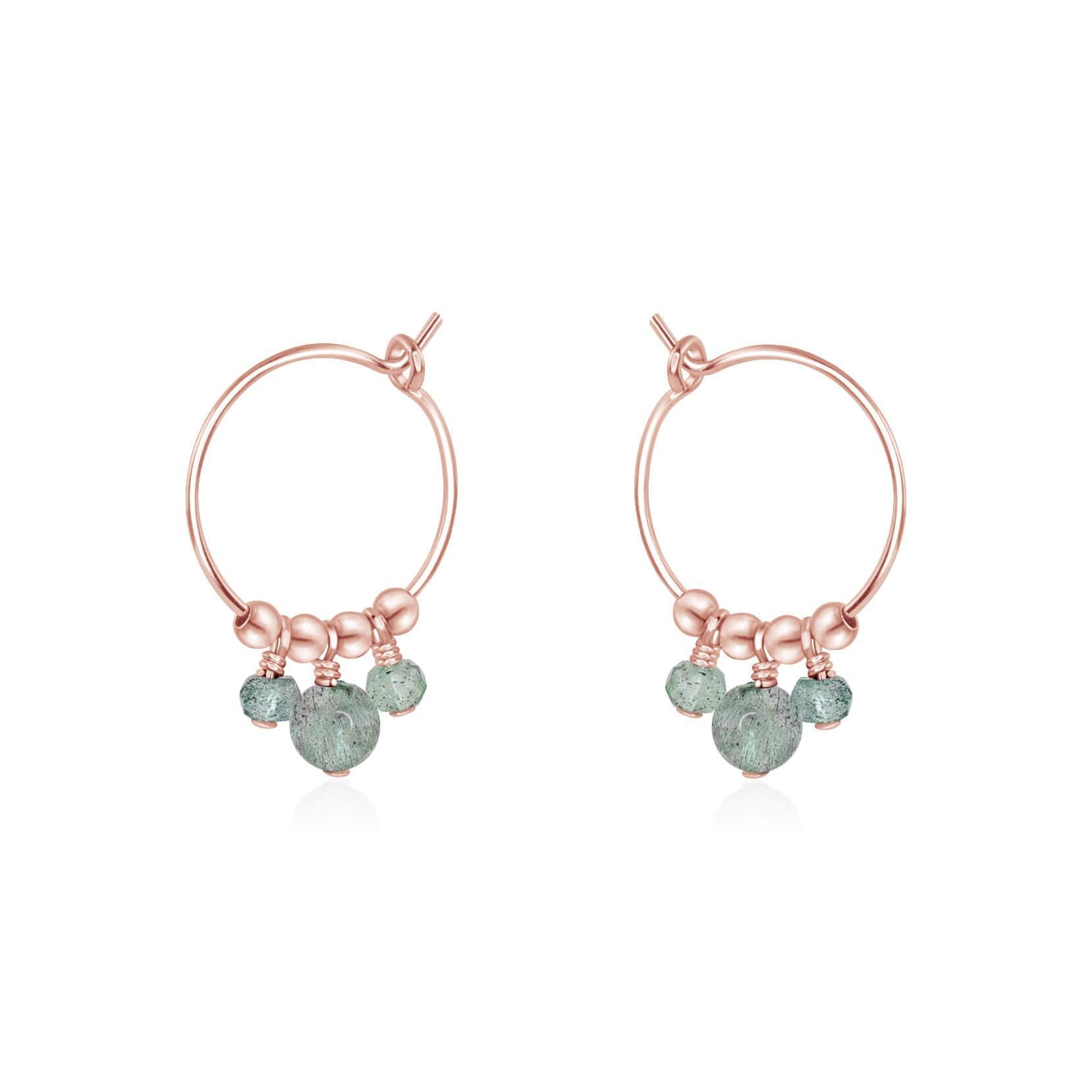 Grey Labradorite Gemstone Bead Drop Hoop Earrings - Grey Labradorite Gemstone Bead Drop Hoop Earrings - 14k Rose Gold Fill - Luna Tide Handmade Crystal Jewellery