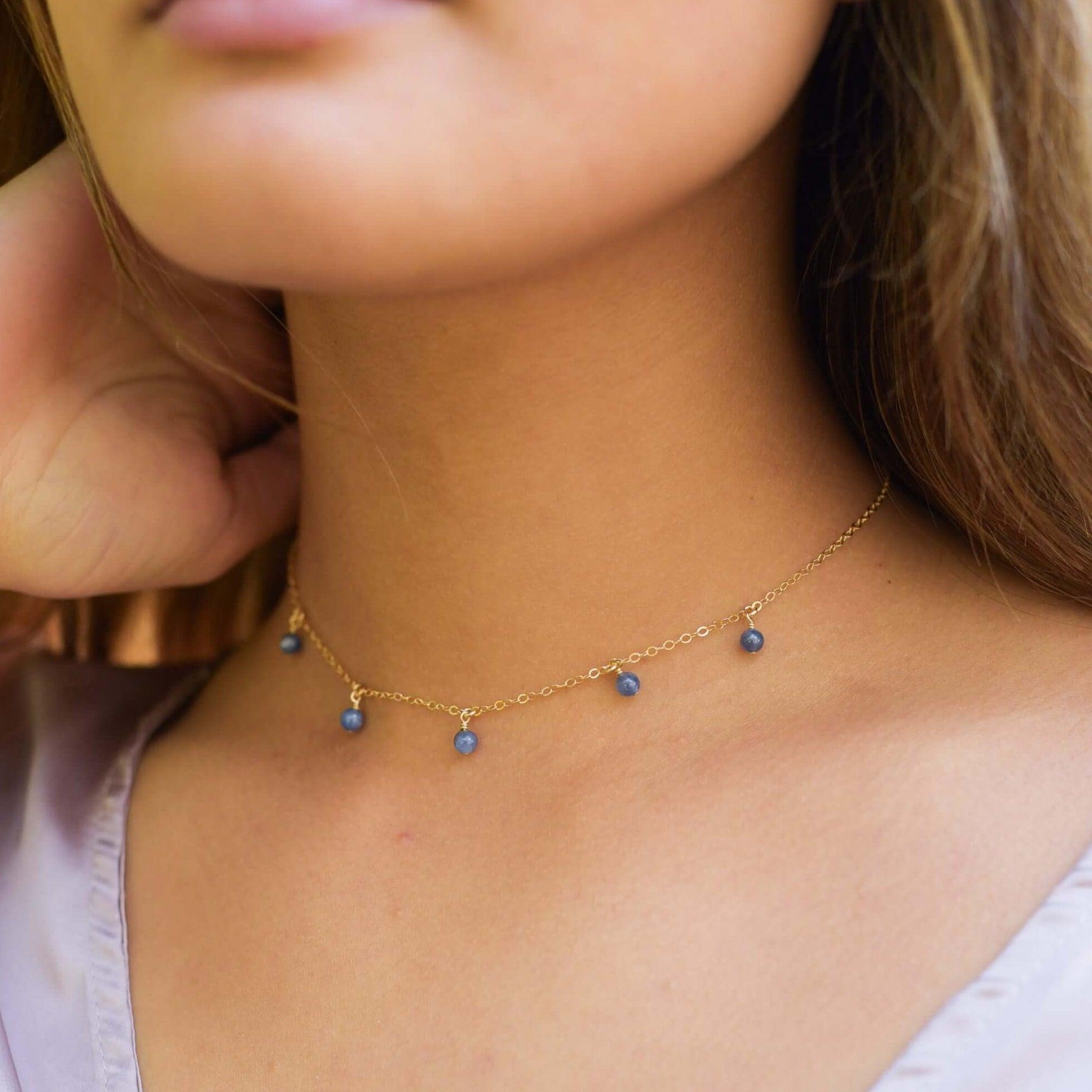 Kyanite Bead Drop Choker - Kyanite Bead Drop Choker - Sterling Silver - Luna Tide Handmade Crystal Jewellery