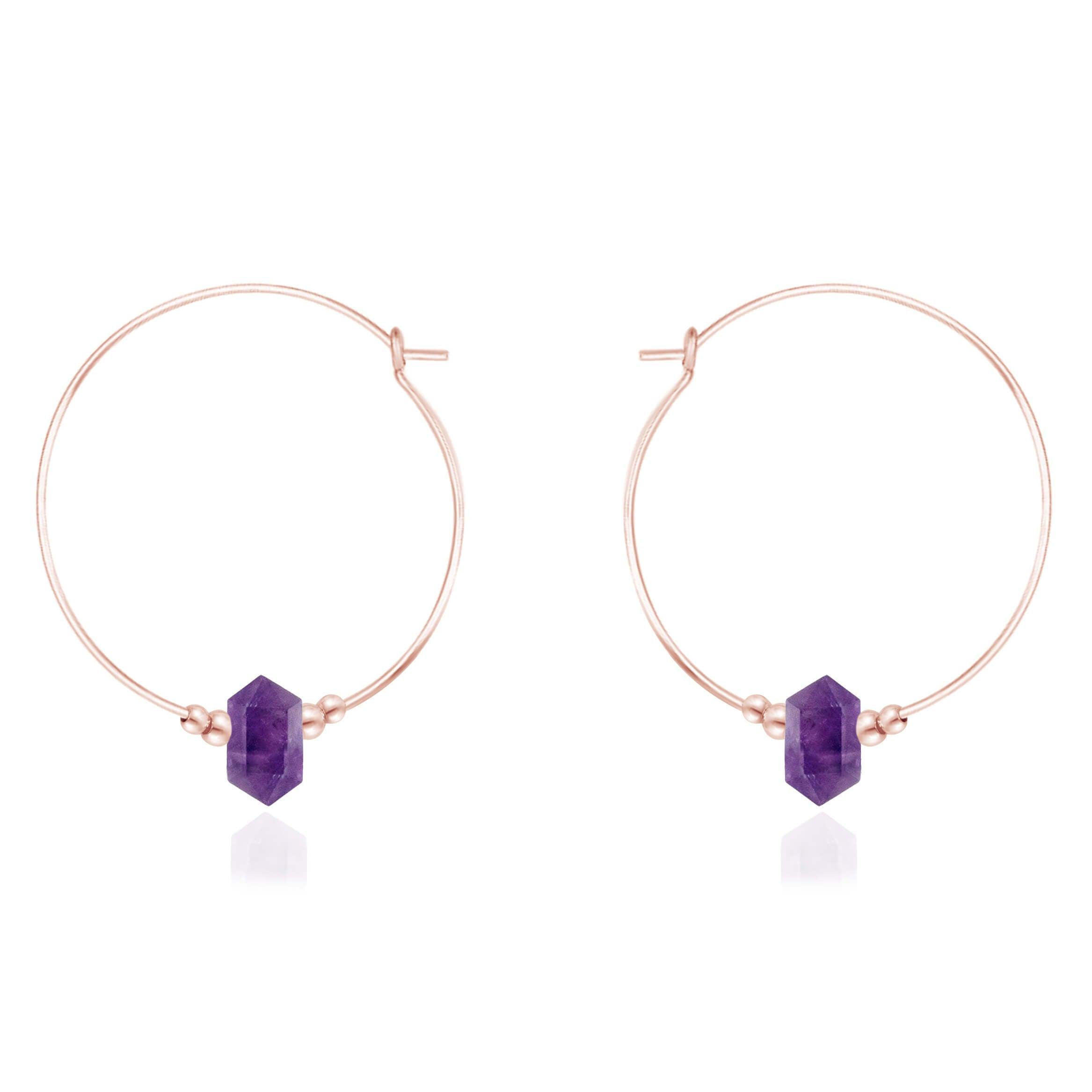 Large Hoop Amethyst Double Terminated Crystal Point Earrings - Large Hoop Amethyst Double Terminated Crystal Point Earrings - 14k Rose Gold Fill - Luna Tide Handmade Crystal Jewellery