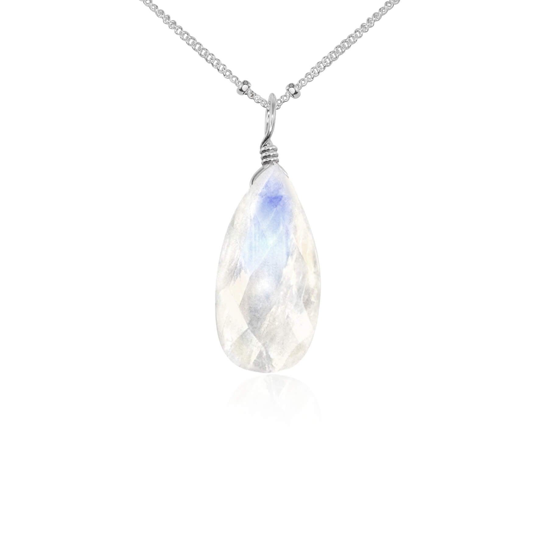 Large Rainbow Moonstone Teardrop Necklace - Large Rainbow Moonstone Teardrop Necklace - Sterling Silver / Satellite - Luna Tide Handmade Crystal Jewellery