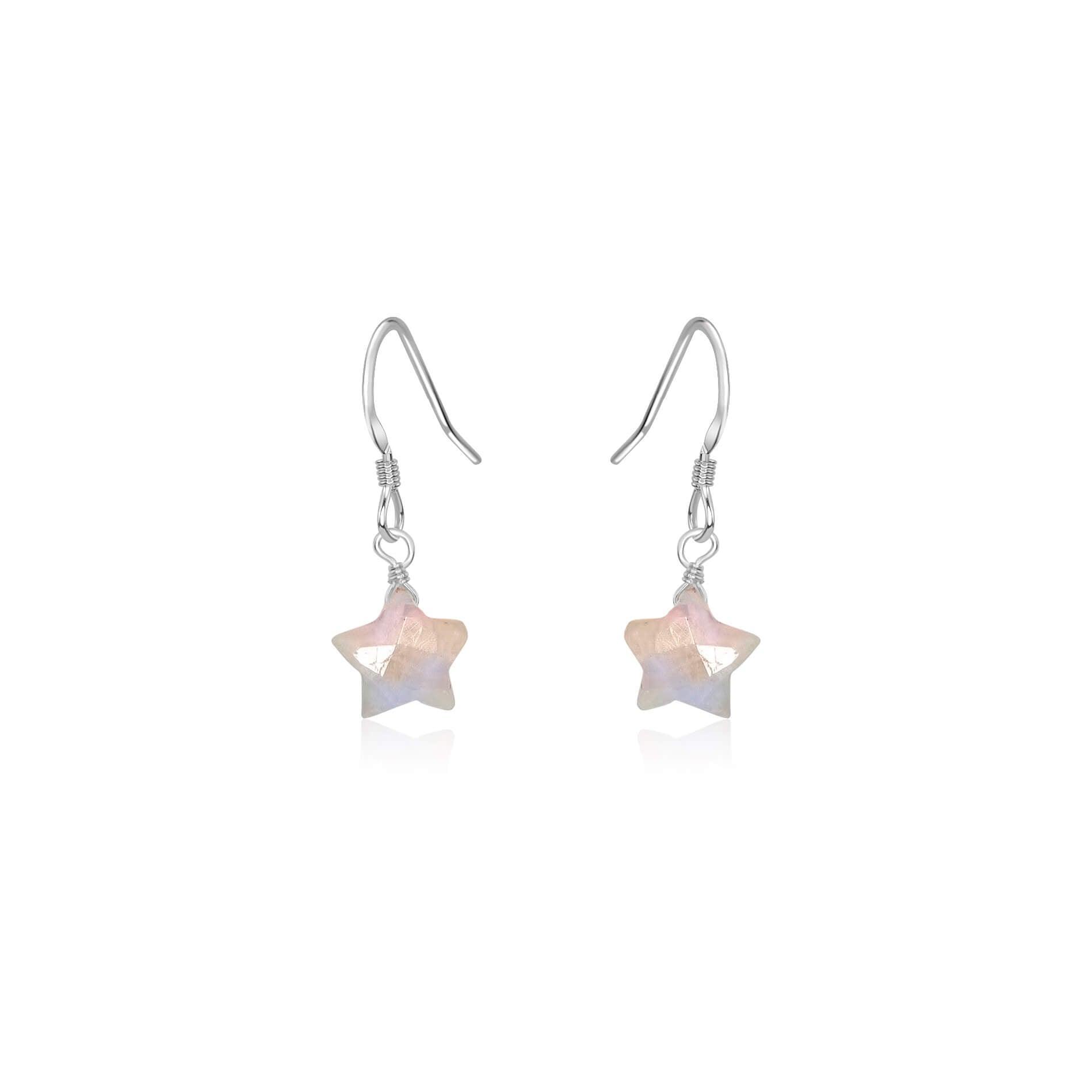 Little Rainbow Moonstone Star Dangle Drop Earrings - Little Rainbow Moonstone Star Dangle Drop Earrings - Sterling Silver - Luna Tide Handmade Crystal Jewellery