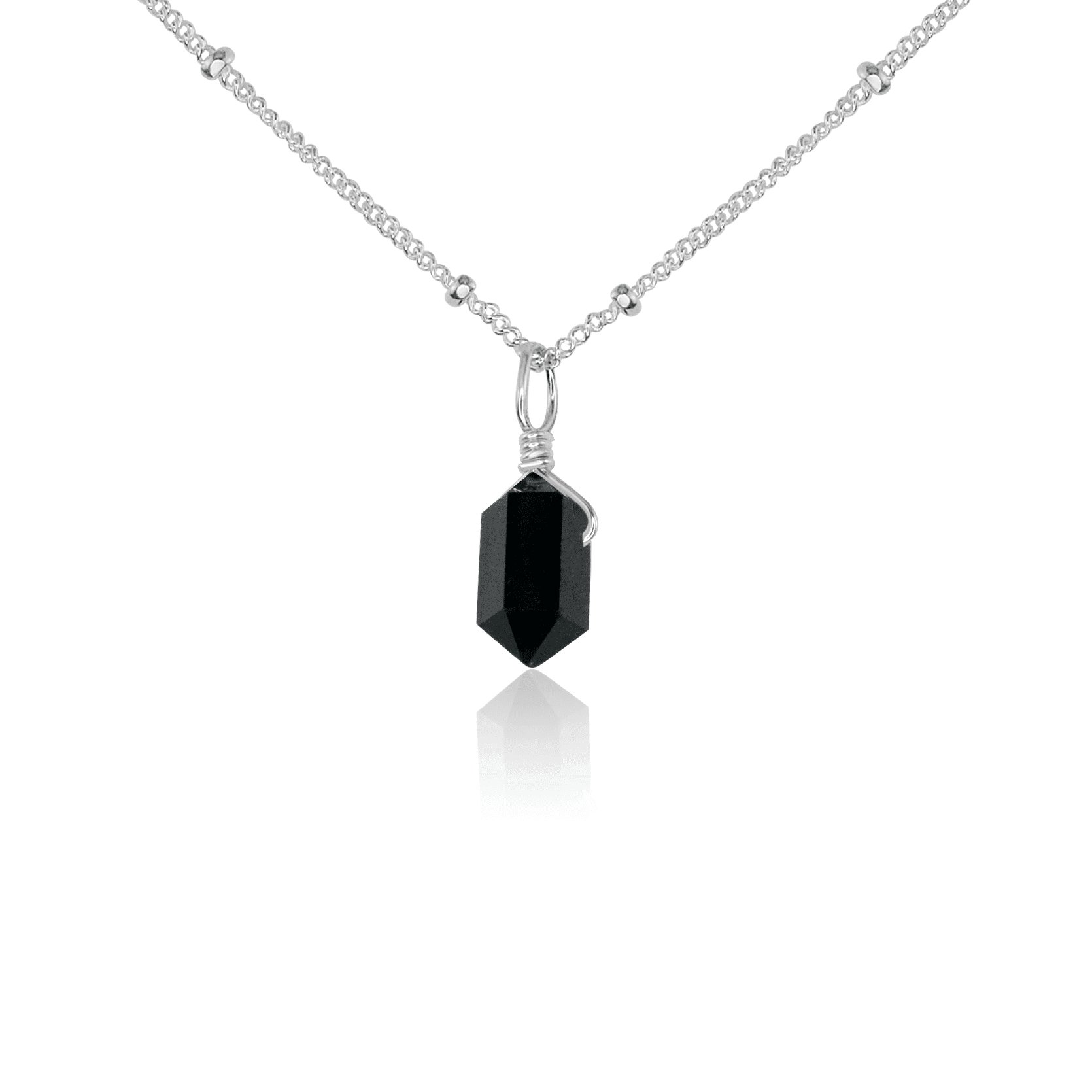 Mini Double Terminated Black Tourmaline Crystal Point Pendant Necklace - Mini Double Terminated Black Tourmaline Crystal Point Pendant Necklace - Sterling Silver / Satellite - Luna Tide Handmade Crystal Jewellery