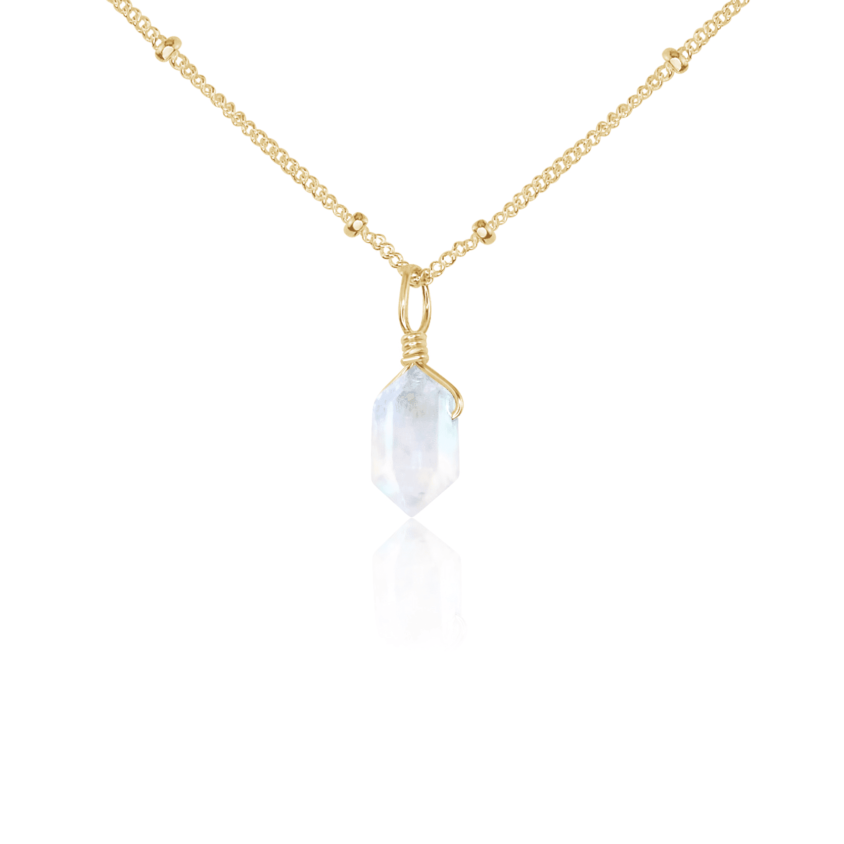 Mini Double Terminated Rainbow Moonstone Crystal Point Pendant Necklace - Mini Double Terminated Rainbow Moonstone Crystal Point Pendant Necklace - 14k Gold Fill / Satellite - Luna Tide Handmade Crystal Jewellery