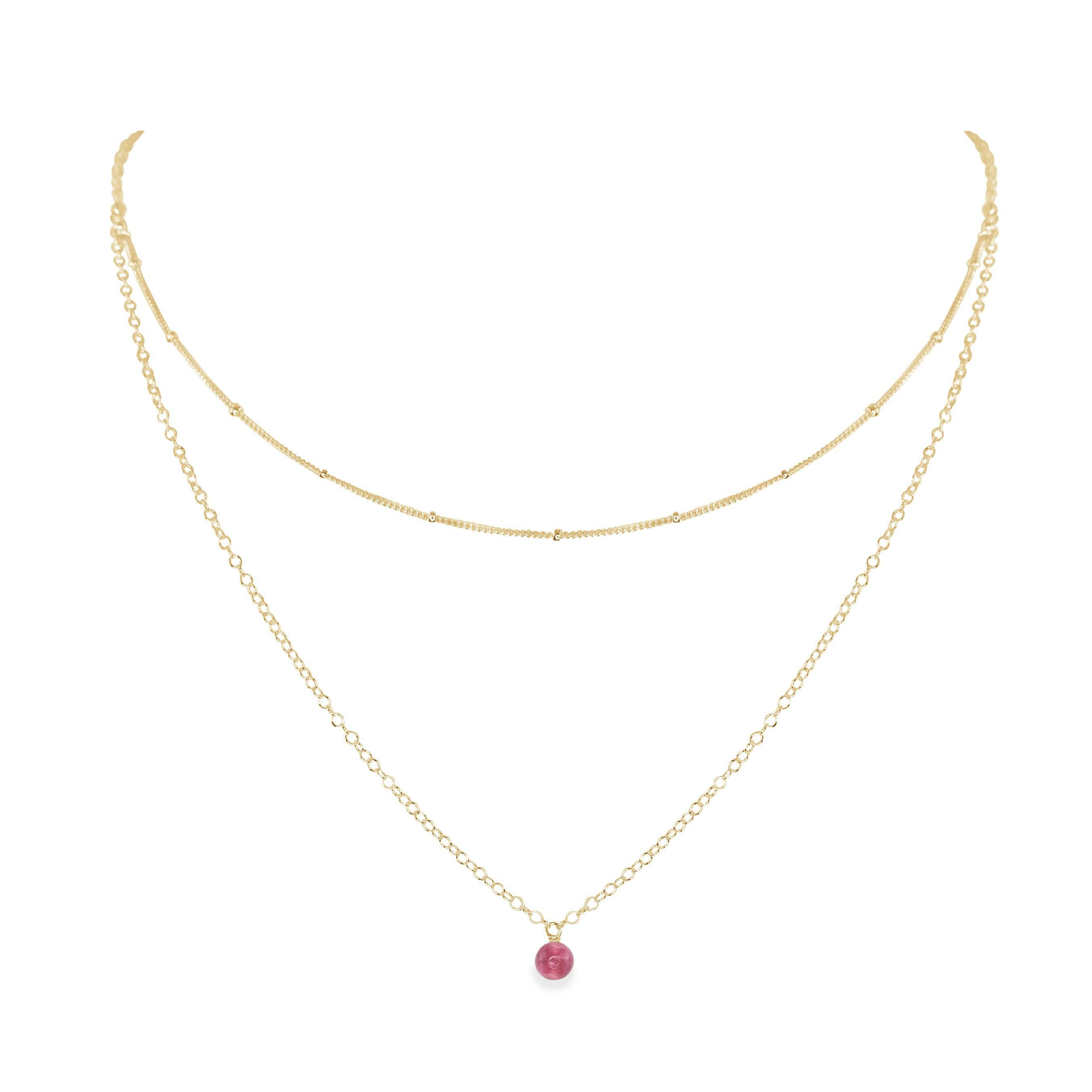 Pink Tourmaline Gemstone Chain Layered Choker Necklace - Pink Tourmaline Gemstone Chain Layered Choker Necklace - 14k Gold Fill - Luna Tide Handmade Crystal Jewellery